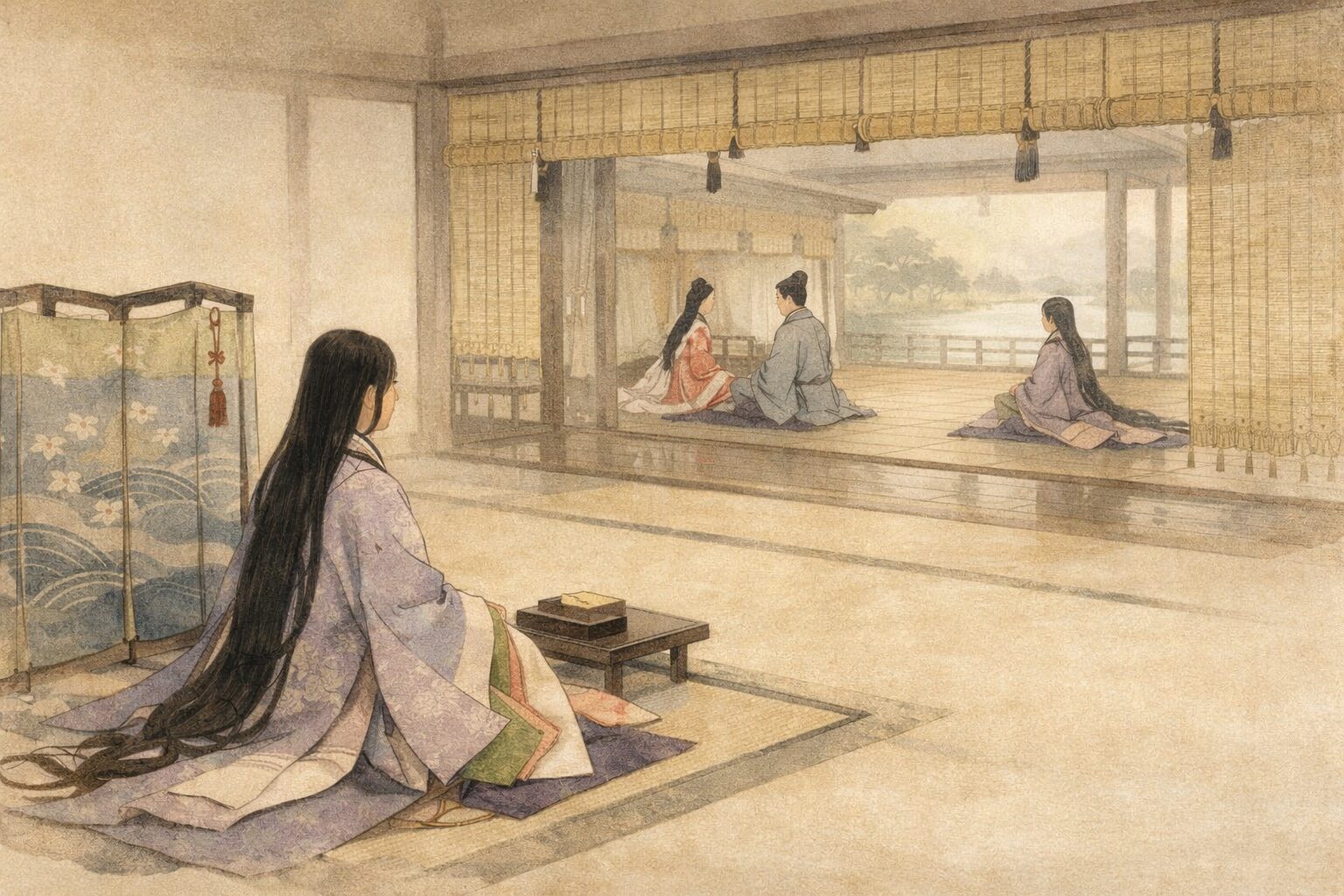 三姉妹と宮廷の縁談が折り重なり、華やかさの内側に複雑な運命が潜む『海人の刈藻』前半の全体像を表した情景