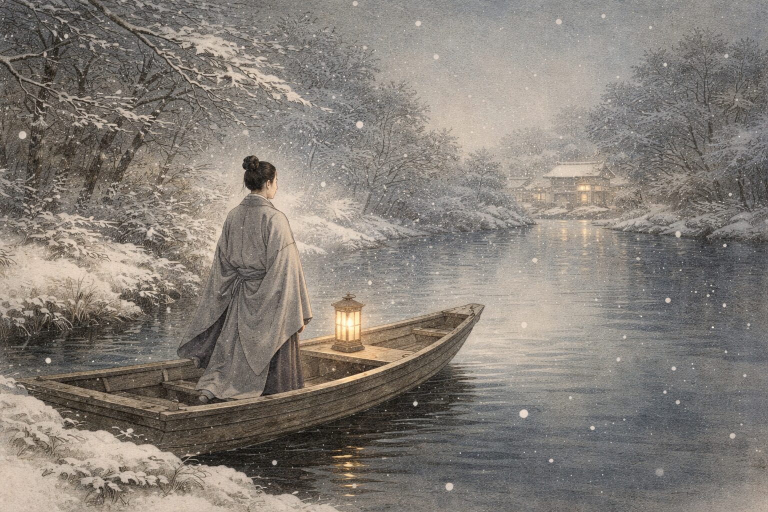 雪の夜に心が満ちて引き返すという『唐物語』冒頭の余韻を、静かな舟と人物で表した情景