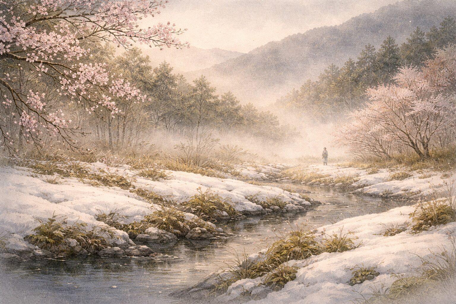 雪の名残と春の霞が一つの景に重なることで、風雅和歌集の鋭い季節感が伝わる情景雪の名残と春の霞が一つの景に重なることで、風雅和歌集の鋭い季節感が伝わる情景