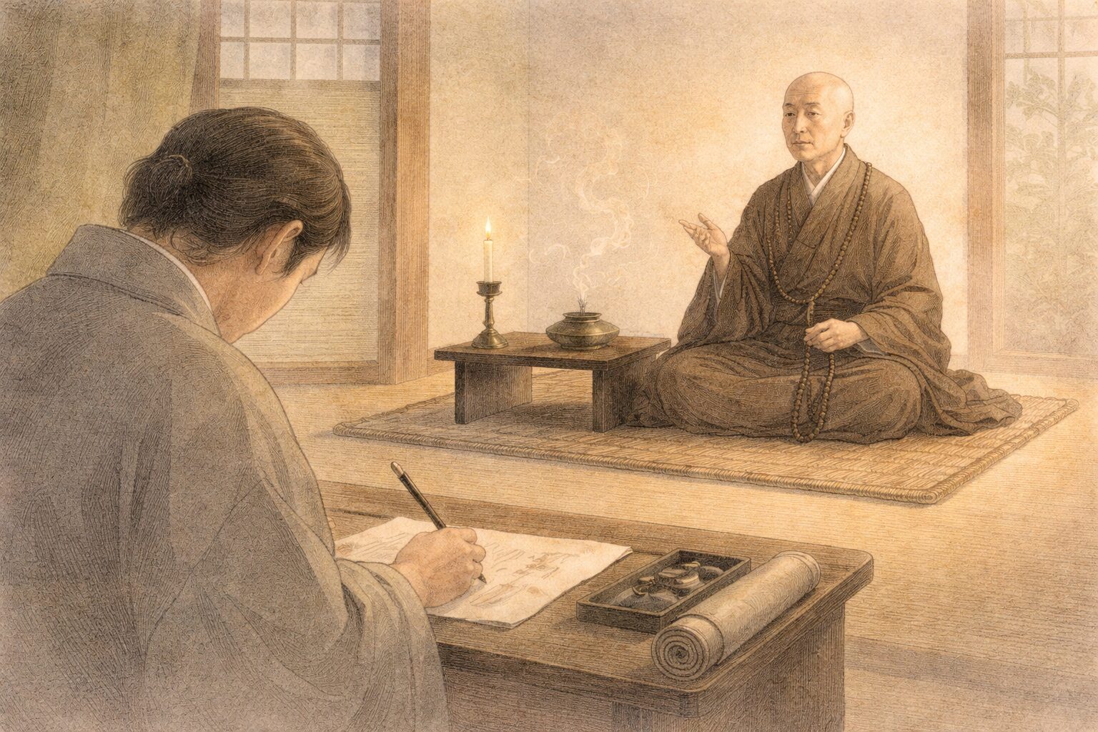 僧の語りをその場で書きとめるような空気を通して、打聞集が説話文学と仏教実践のあいだにある作品だと伝わる情景