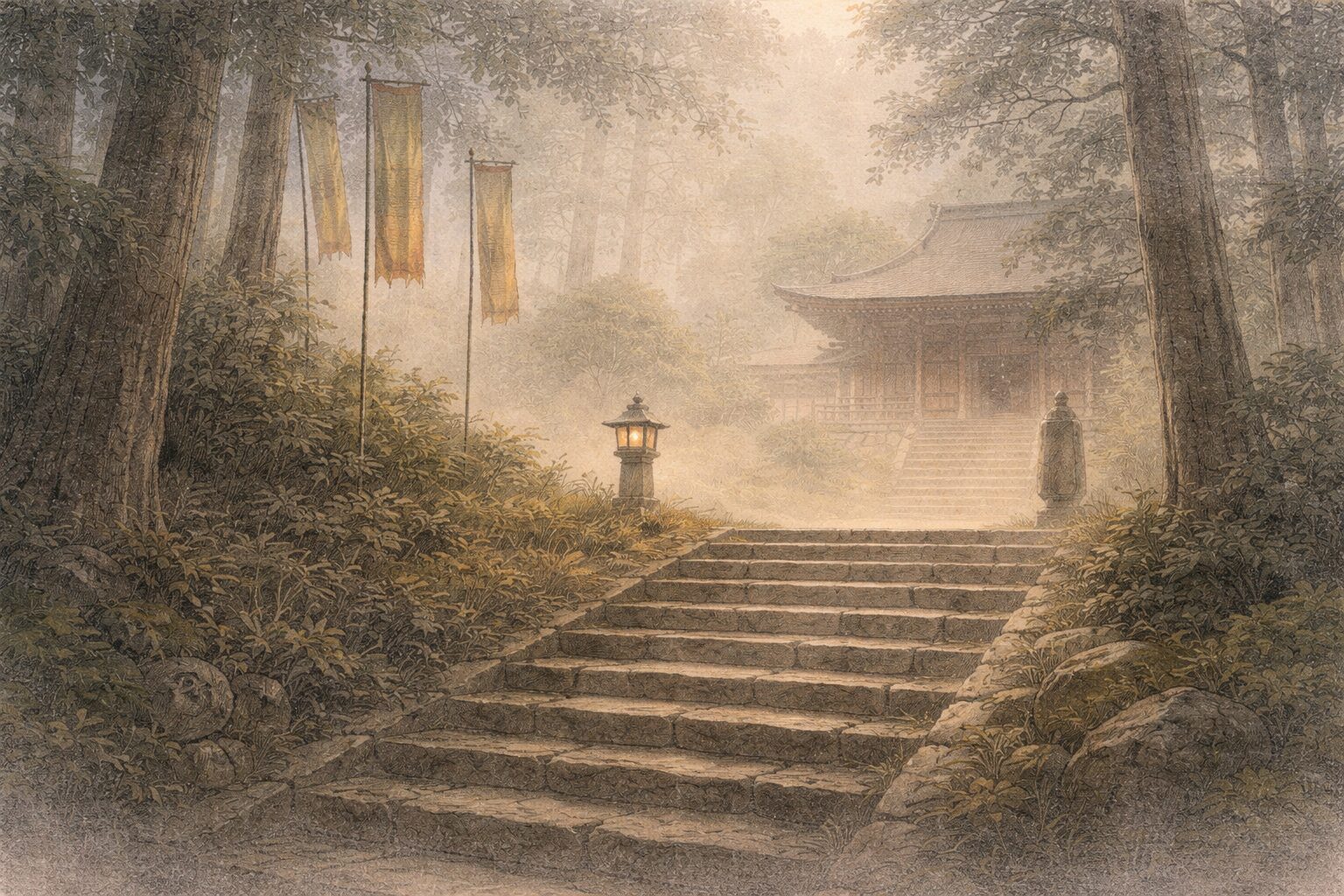 寺や僧の気配が残る静かな屋外風景を通して、霊験譚と説話利用の現場が結びつく打聞集の特徴を表した情景