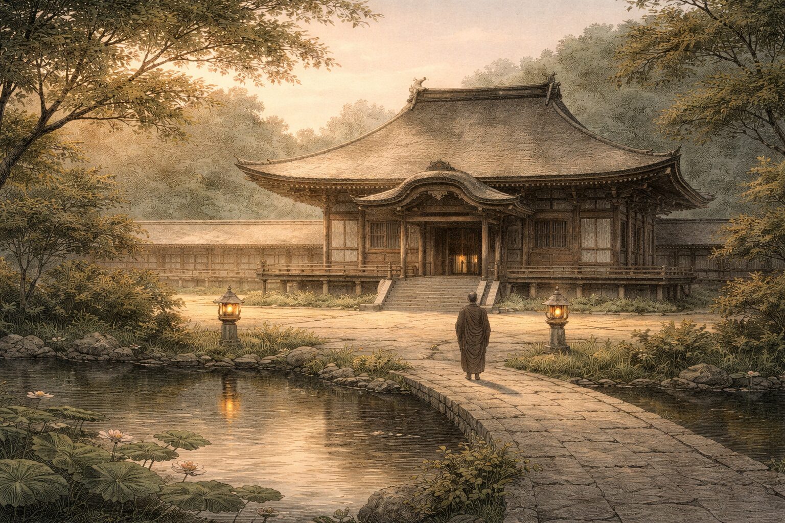 栄華の象徴ではなく祈りと来世への備えが静かににじむ法成寺の気配を通して、御堂関白記後半の重心を表した情景