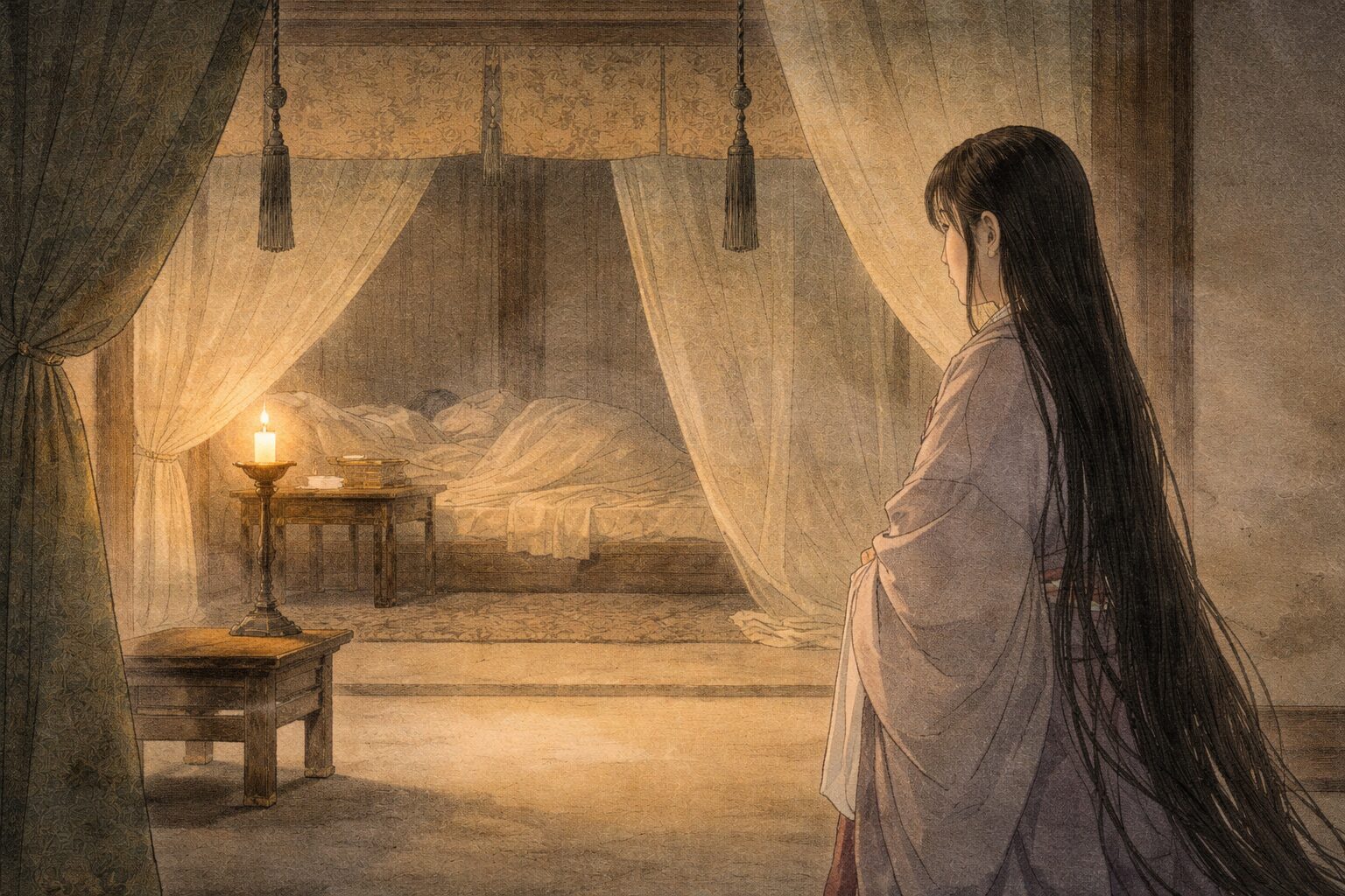 病床近くの重い空気の中で、近侍する女房が不安と奉仕を抱えて立つ『讃岐典侍日記』前半の核心を表した情景