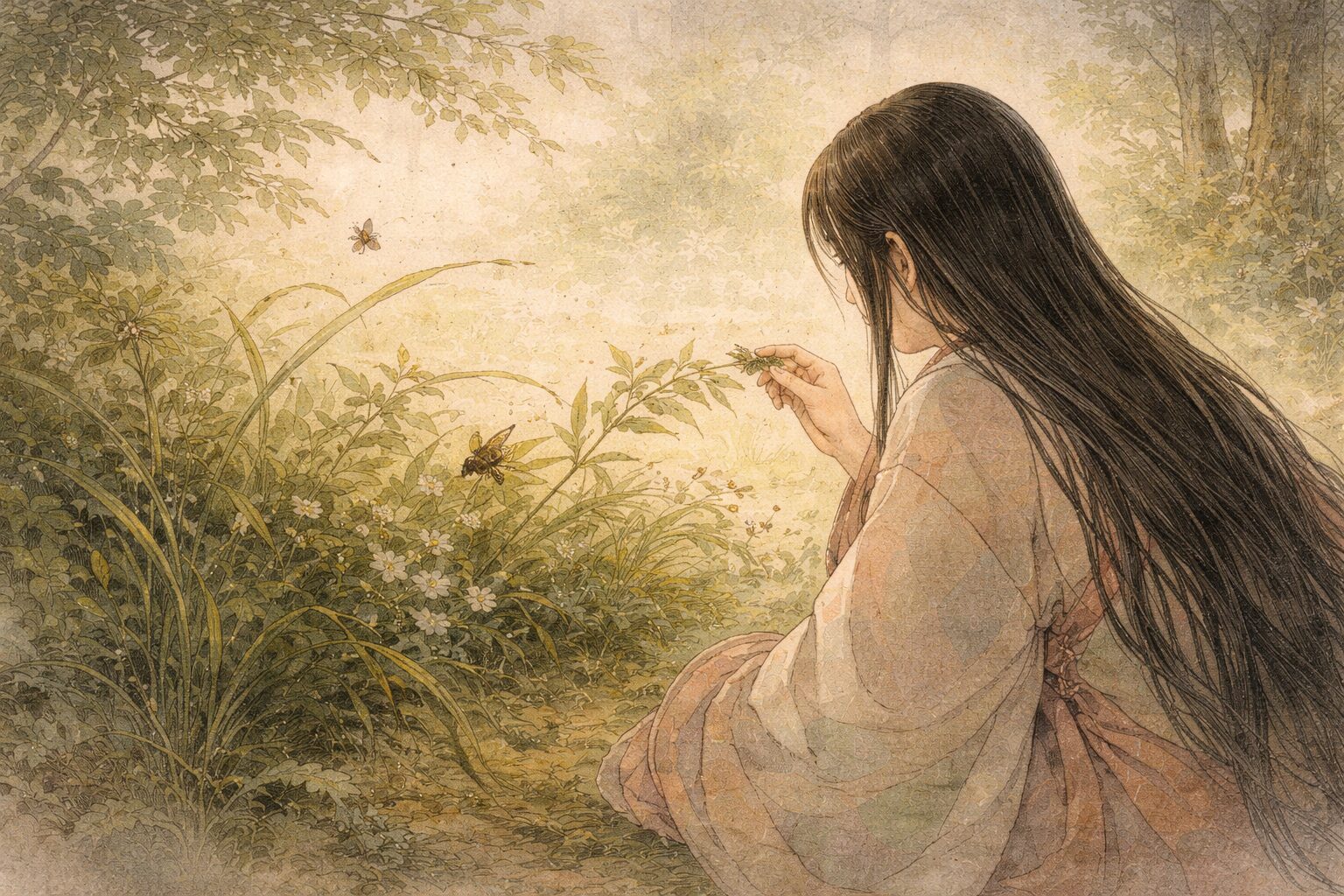 普通の美意識から少し外れたものに目を向ける感覚を通して、堤中納言物語の変わり者たちの魅力を表した情景