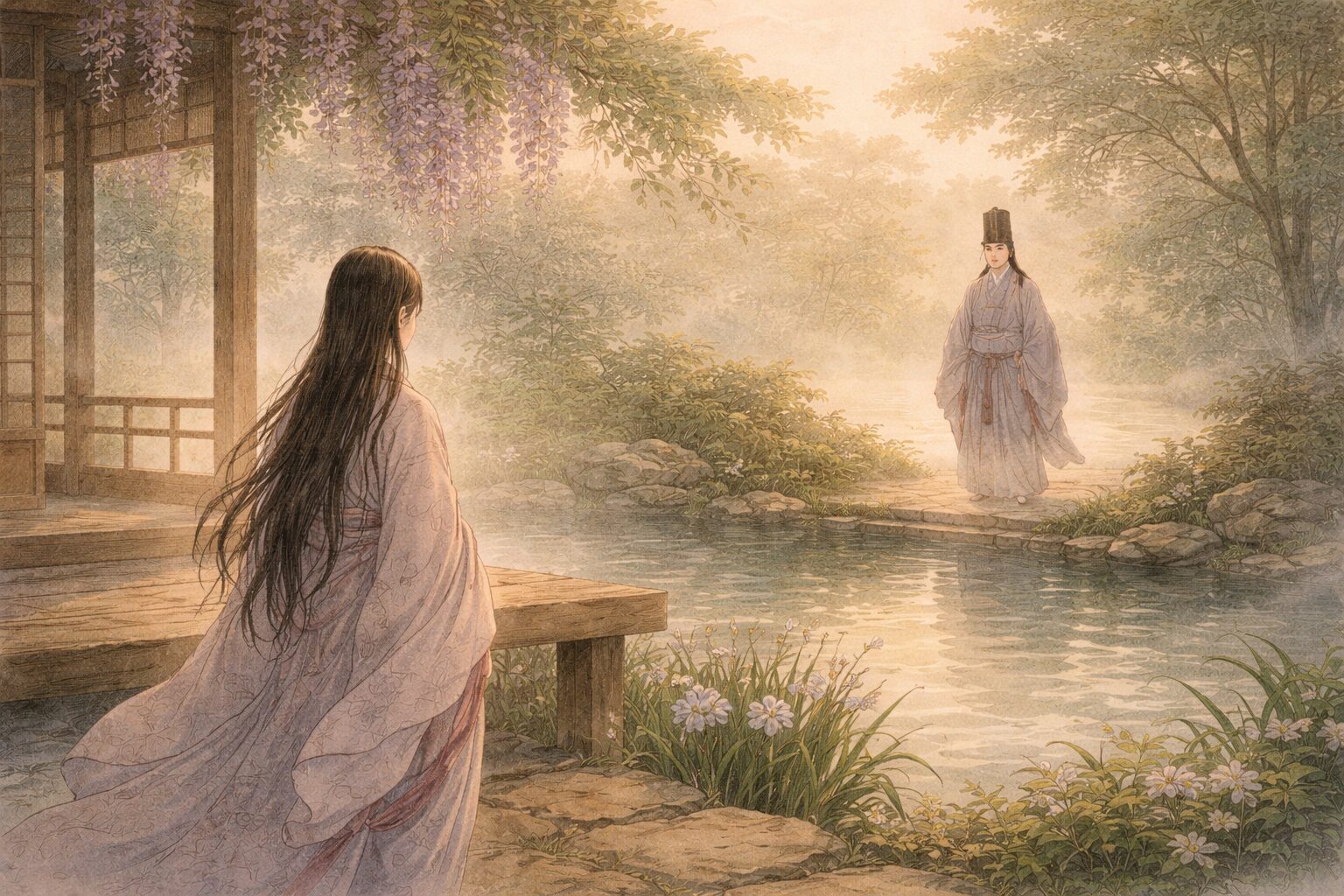 異国での恋が来世を経て日本で結び直される、松浦宮物語後半の運命的な再会を象徴した情景