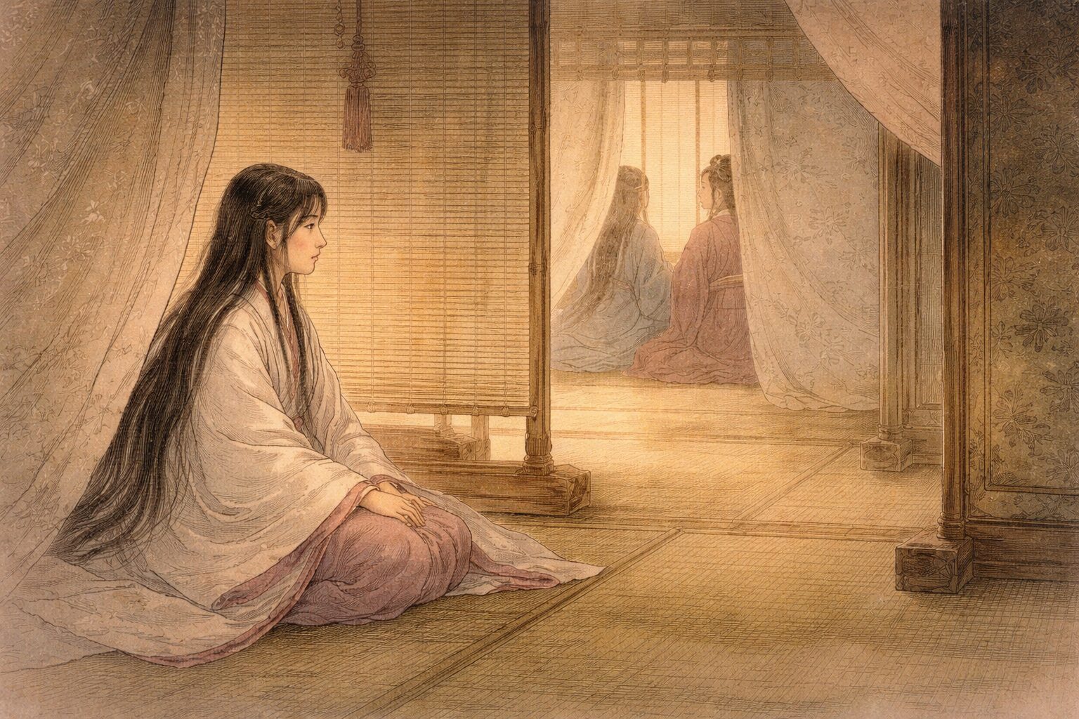 家の中の権力関係によって姫君の縁がねじ曲げられていく、住吉物語前半の受難を表した情景