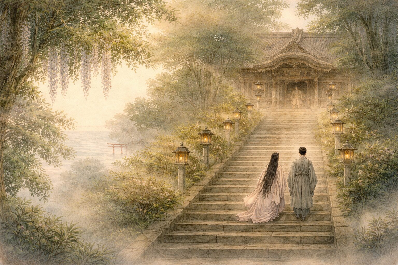 長谷寺観音の霊験によって正しい縁が結び直される、住吉物語後半の救済と再会を表した情景