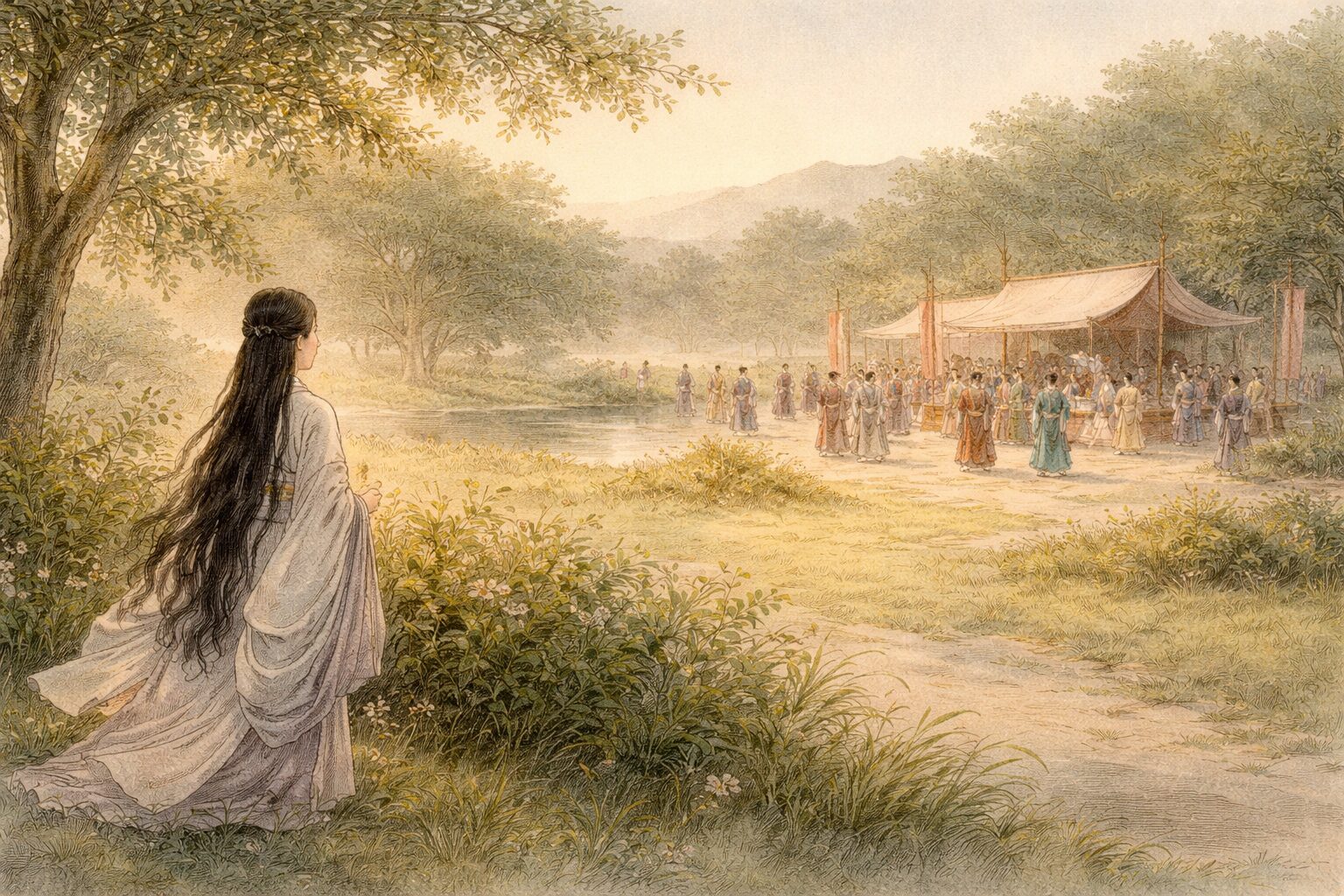 宮廷の行事や人間関係の近くで景色を見つめることで、額田王が時代の空気を歌にしていたことを表した情景