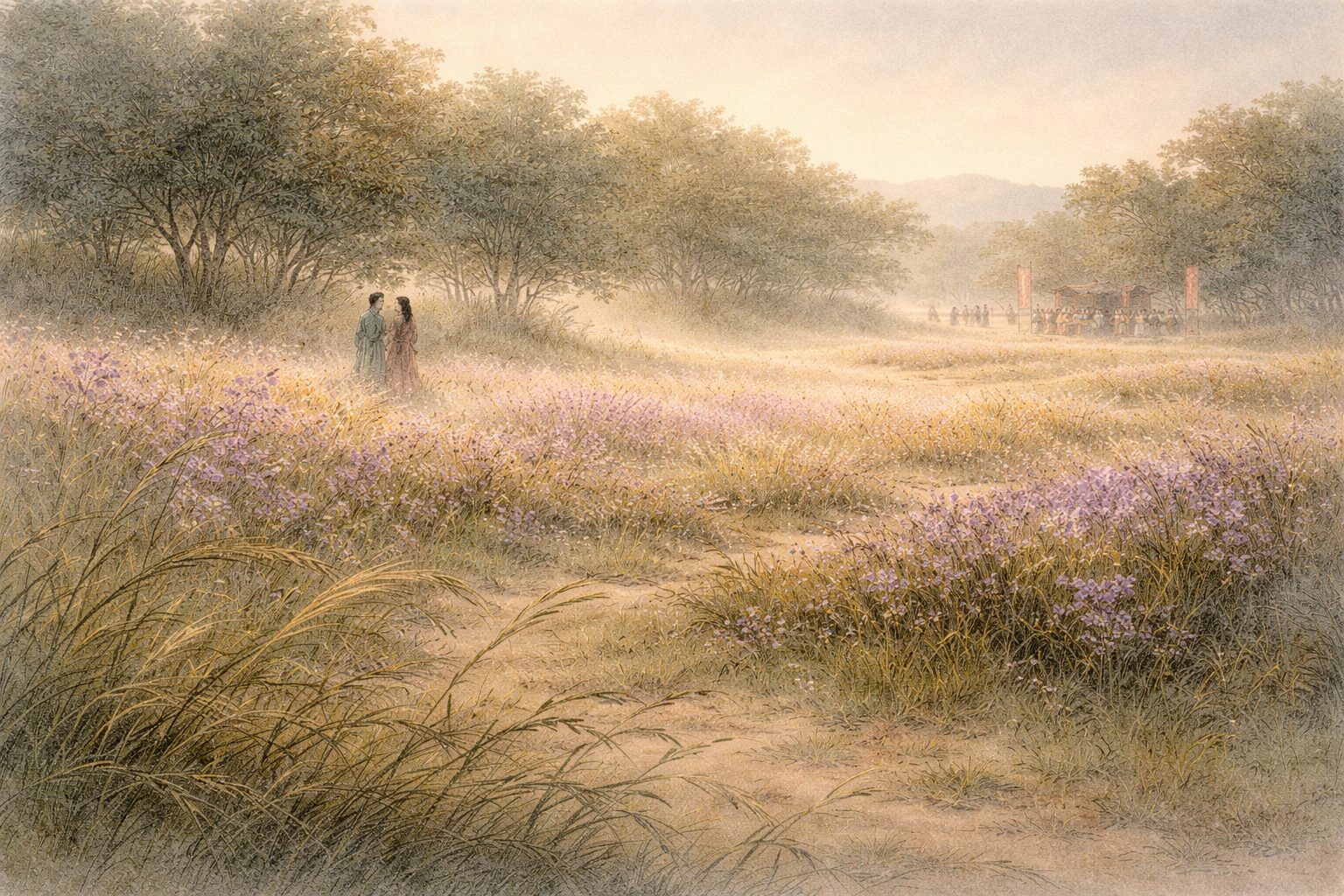 美しい野の景色の中に、見られてはいけない気配と人間関係の緊張が走る額田王の歌の鋭さを表した情景