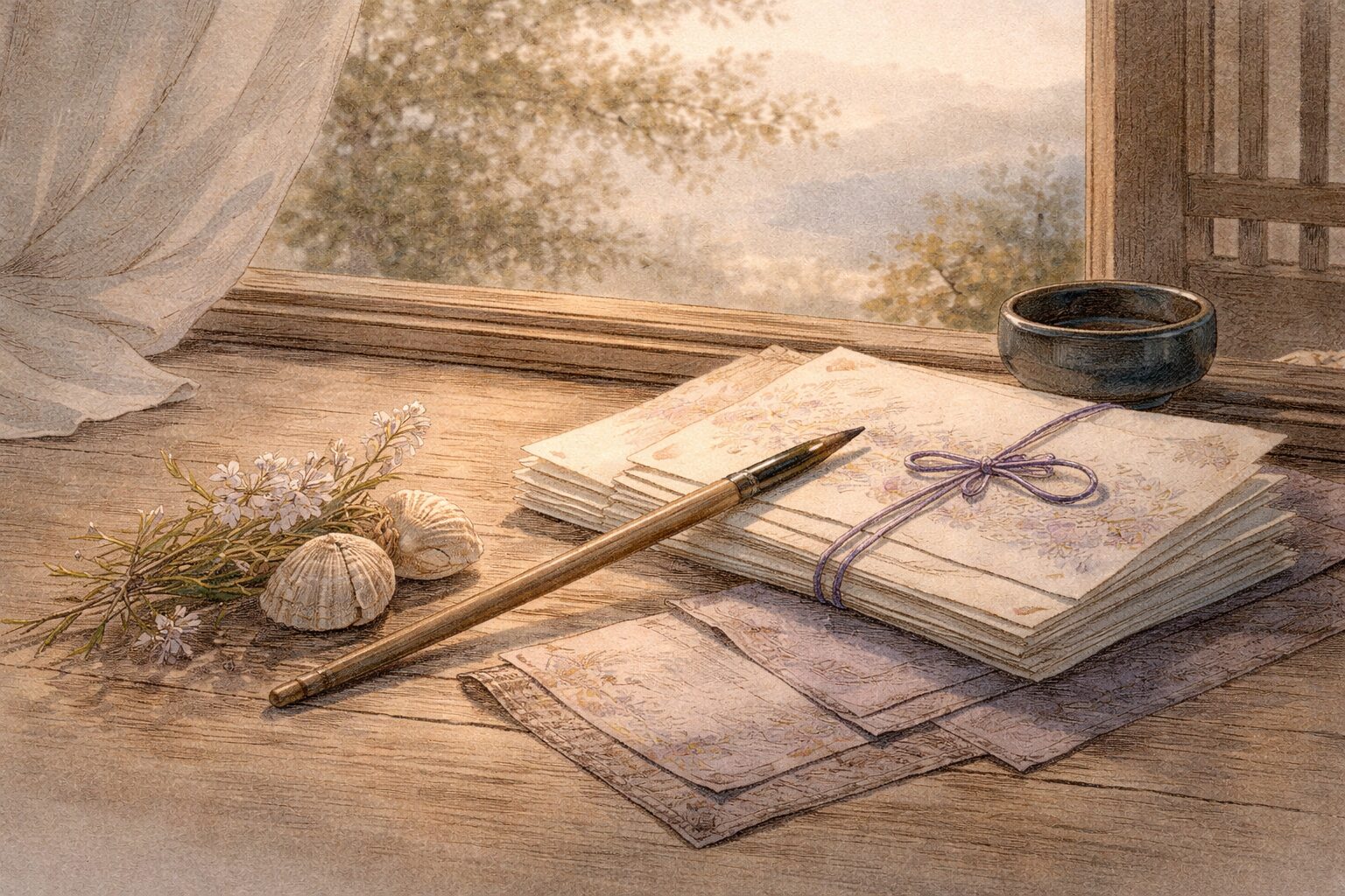 旅先で見た景色の記憶を都への土産として手渡そうとする『都のつと』の静かな余韻を表した情景