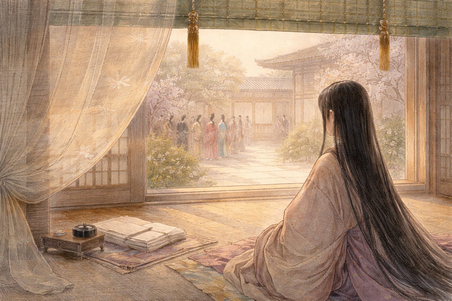 東宮時代の親しい空気と、即位後の格式ある宮廷生活が一つの記憶として重なる『中務内侍日記』の全体像を表した情景