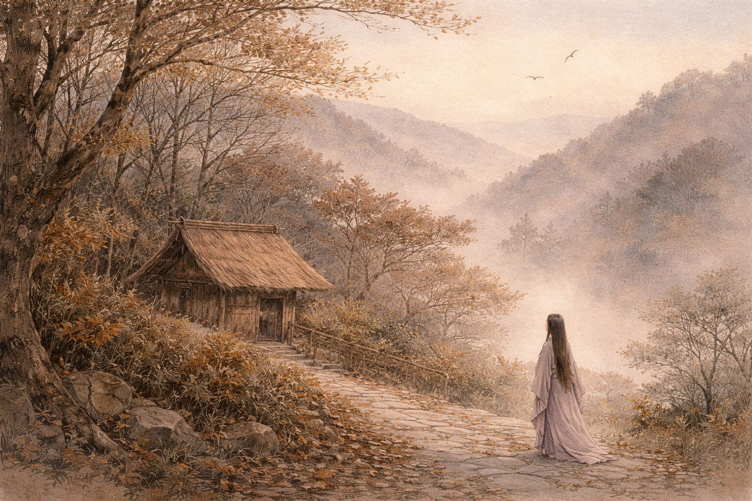 華やかな宮廷を離れた旅先の寂しさや自然の声に、失われた時代への思いがにじむ『中務内侍日記』後半の余韻を表した情景