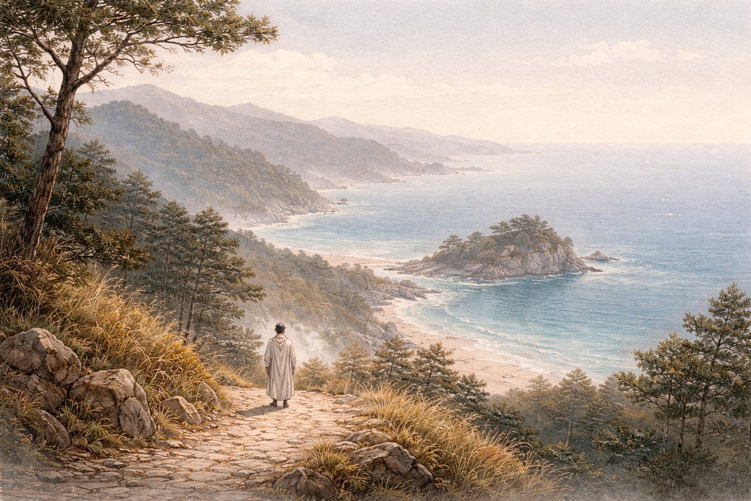 箱根路を越えた先に伊豆の海が大きく開ける景色を通して、金槐和歌集の万葉調の広がりを表した情景