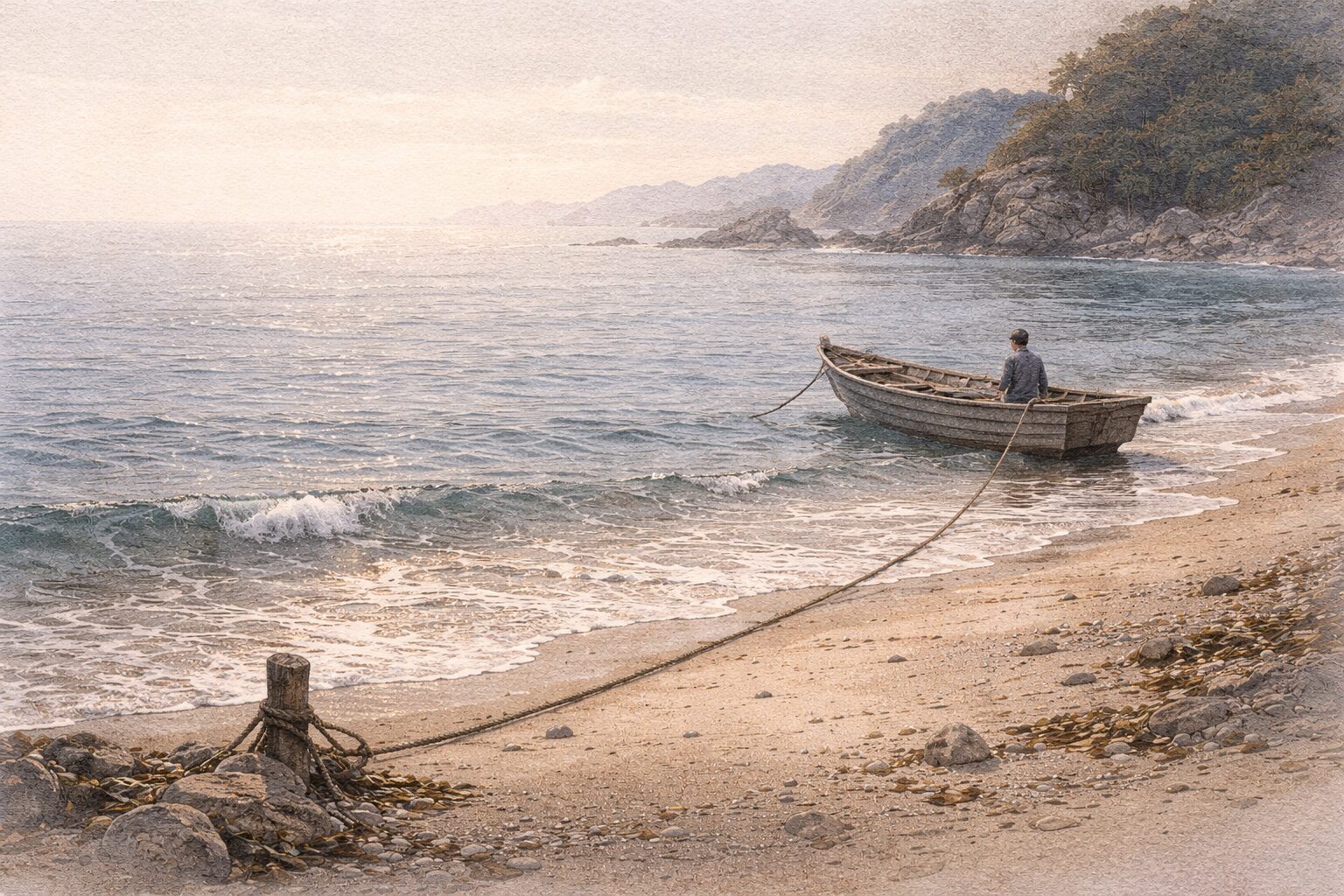 渚をこぐ小舟の綱手の音だけが静かに心へ届くことで、金槐和歌集の哀感を表した情景