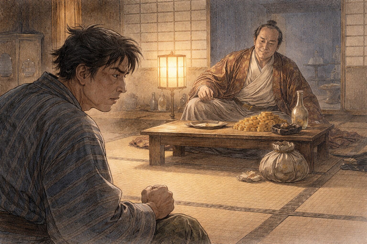 金の力で恋と面目を踏みにじられ、忠兵衛が追いつめられていく『冥途の飛脚』前半の圧力を表した情景