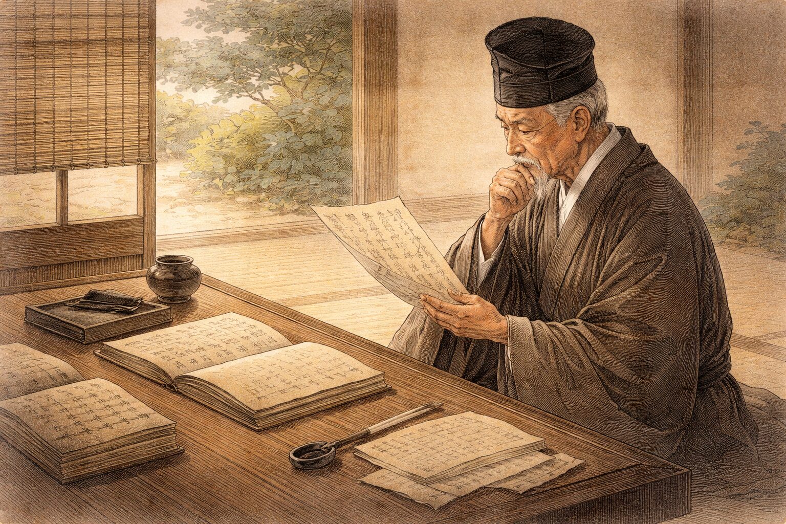 長い宮廷経験を積んだのちに歌壇の基準を担う撰者となった、藤原俊成の知的な存在感を表した情景