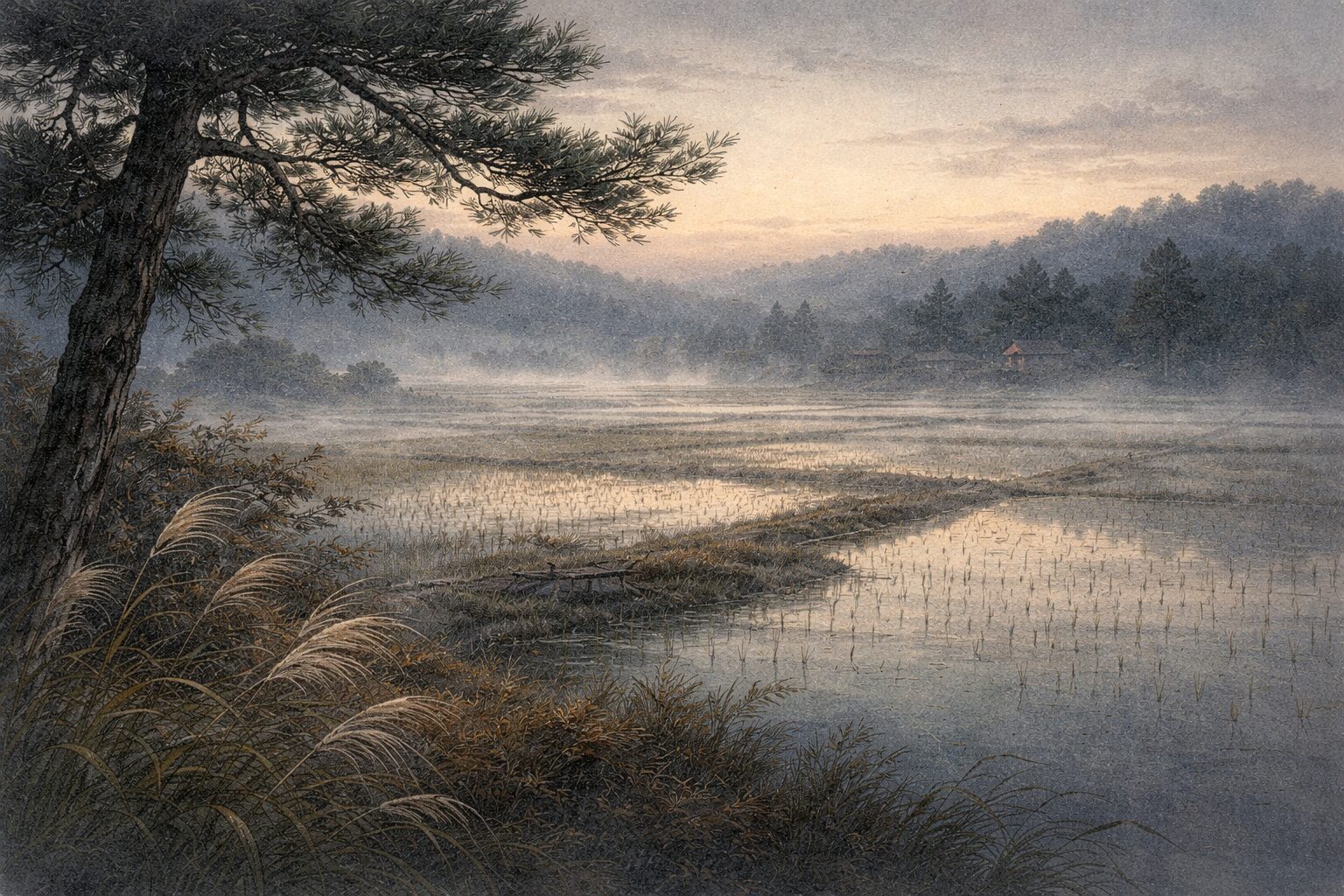 明けゆく田の面に秋風が吹く気配だけが静かに残り、藤原俊成の余情の美意識を表した情景