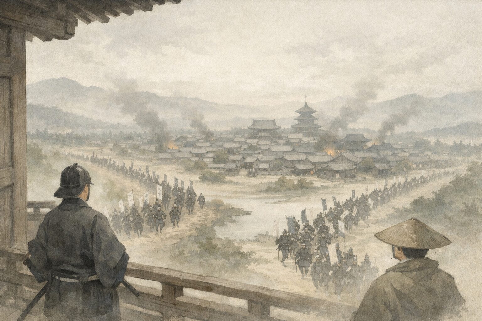 将軍家の争いと有力武家の対立が重なり、都全体が戦場へ向かっていく応仁記の全体像を象徴した情景