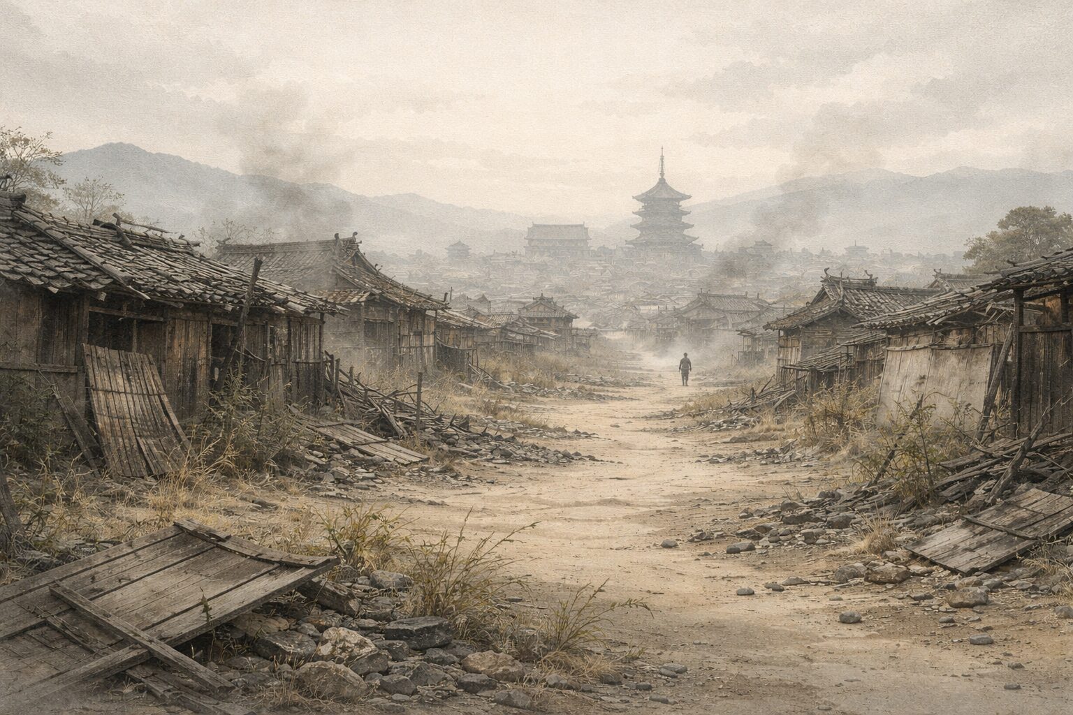 花の都だった京都が荒れ果て、人の営みよりも喪失感だけが残る応仁記後半の核心を象徴した情景