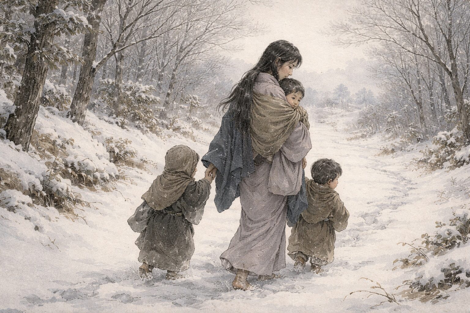 雪の道を幼い子どもたちと進む常盤御前の姿に、敗者の家族が背負う悲しみを重ねた平治物語後半の象徴的な情景