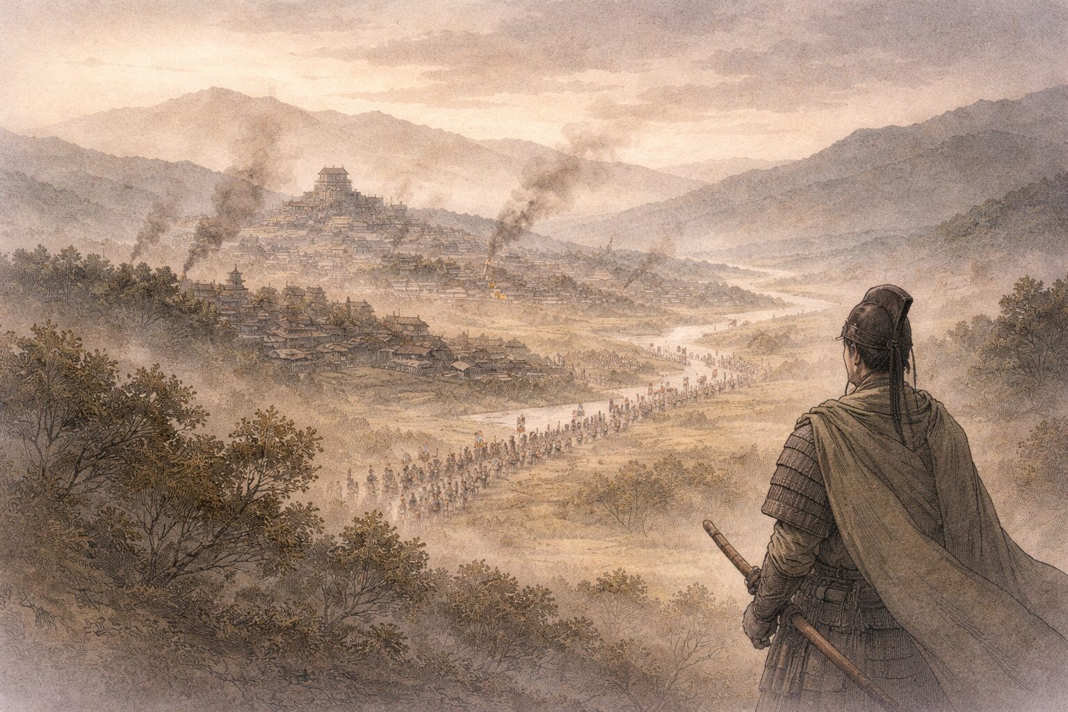 鬼切部の敗北から黄海の苦戦を経て、最後に厨川柵の落城へ向かう陸奥話記の全体像を表した情景