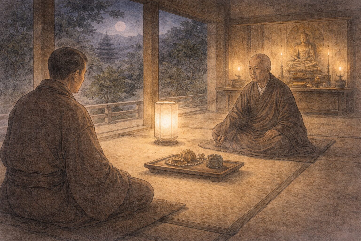 清凉寺の静かな夜に、人々が本当の宝とは何かを語り合い、世俗の価値から仏法へ向かっていく宝物集の全体像を表した情景