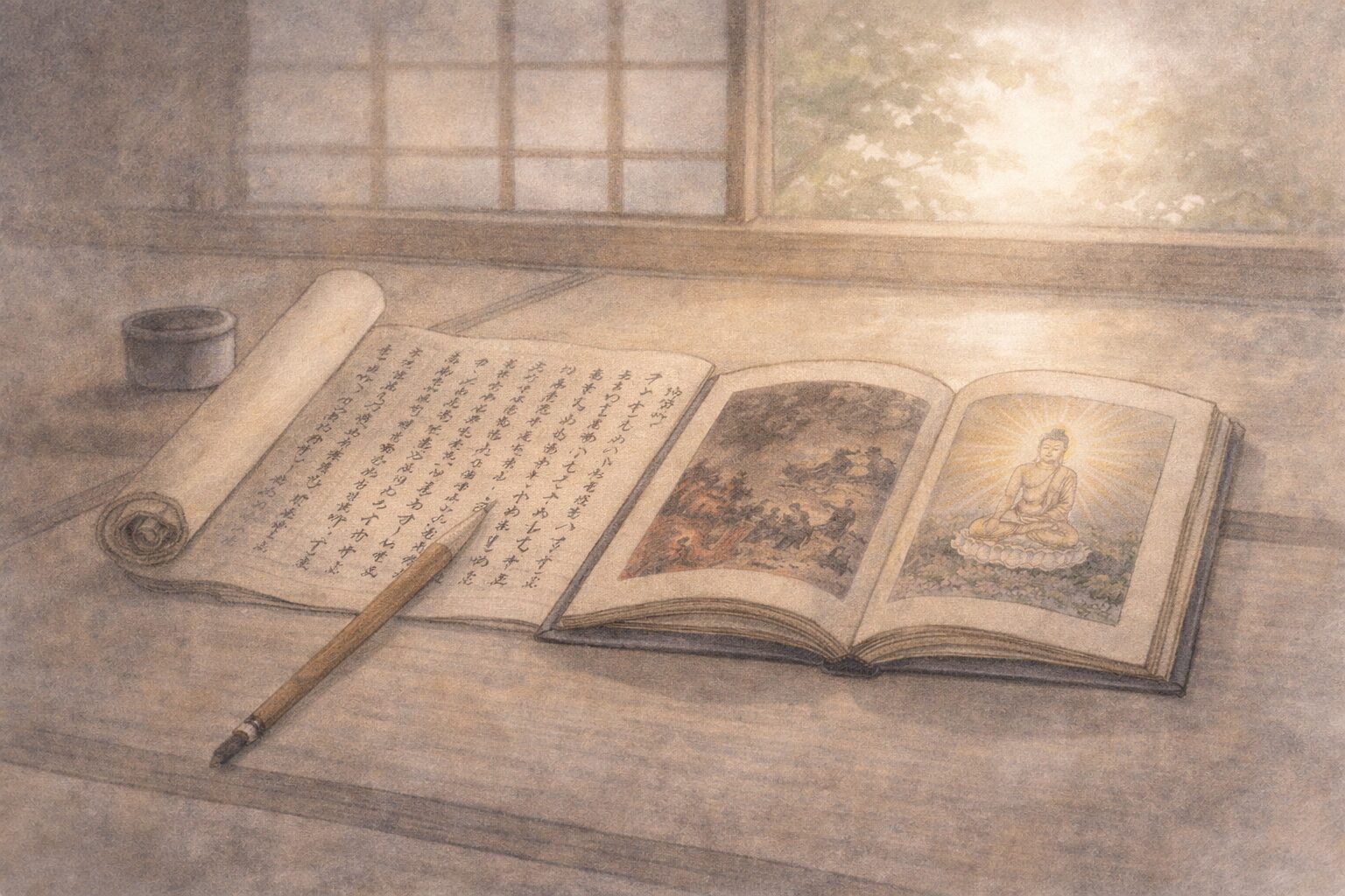 恐ろしい六道の話だけで終わらず、説話を使って仏道の実践へやさしく導く宝物集の教化の姿勢を象徴した情景