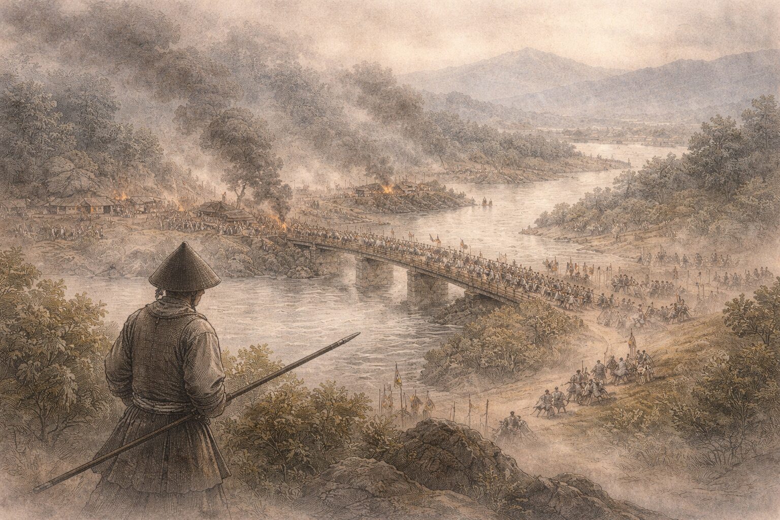 宇治と勢多の防衛線が破られ、承久の乱の勝敗が大きく傾いていく承久記前半から後半への流れを表した情景