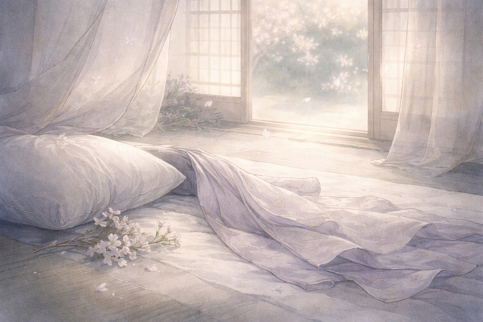 春の夜の夢が終わったあとに袖や枕へ残る花の香を通して、恋の“残り香”を描く俊成卿女の美意識を象徴した情景