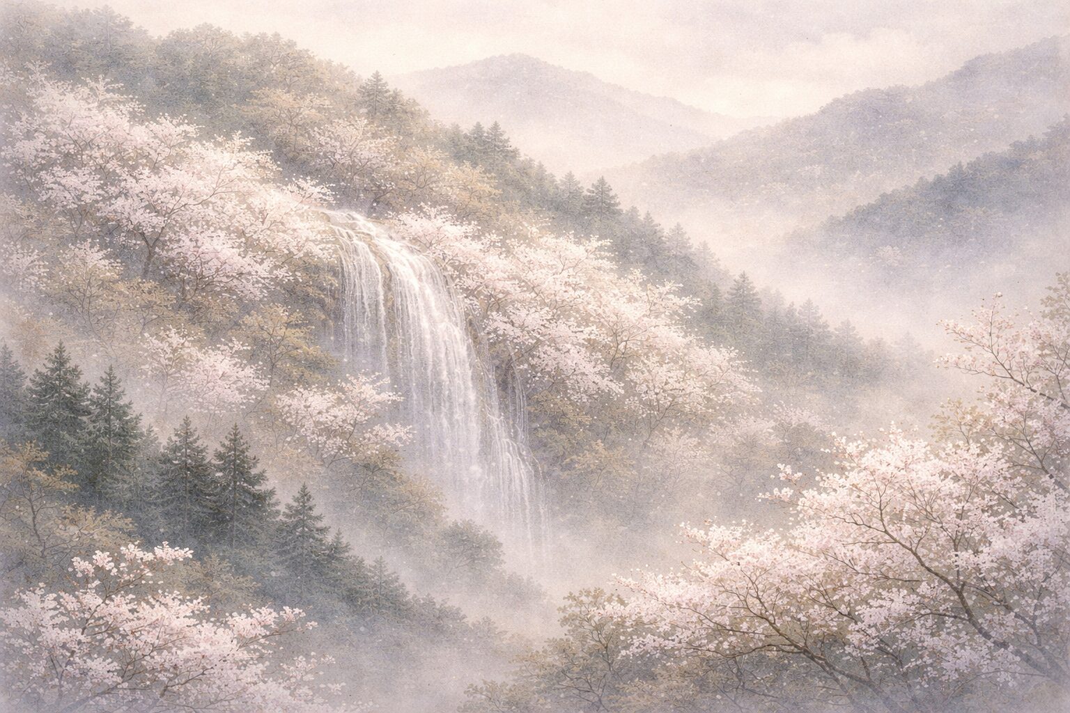 山一面に咲く白い山桜が、遠くから見ると空から落ちる滝の白糸のように見えてしまう、源俊頼の斬新な発想を象徴した情景