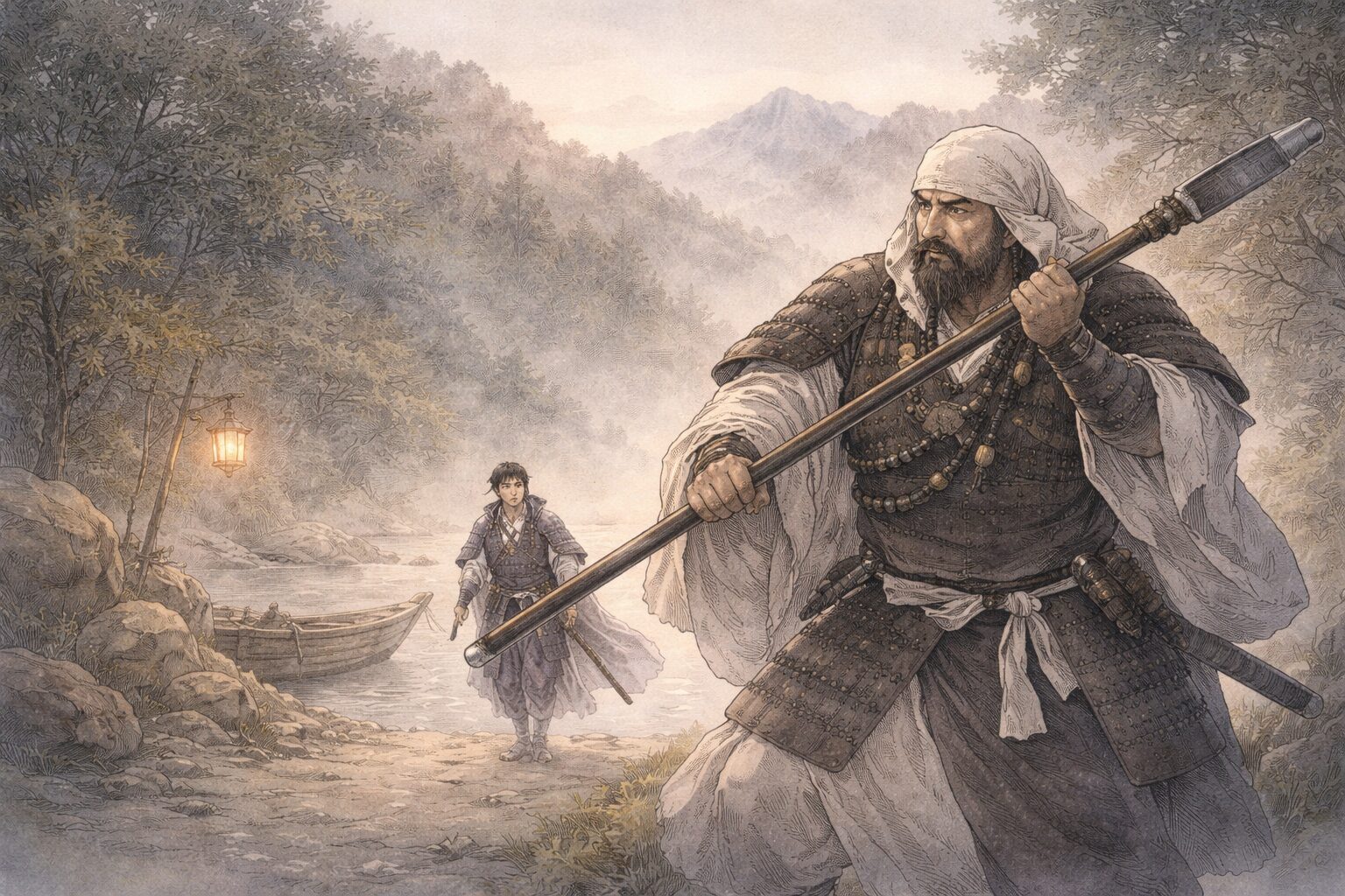 追われる義経を弁慶が機転と忠義で支え、義経記が単なる英雄譚ではなく主従の物語でもあることを表した情景