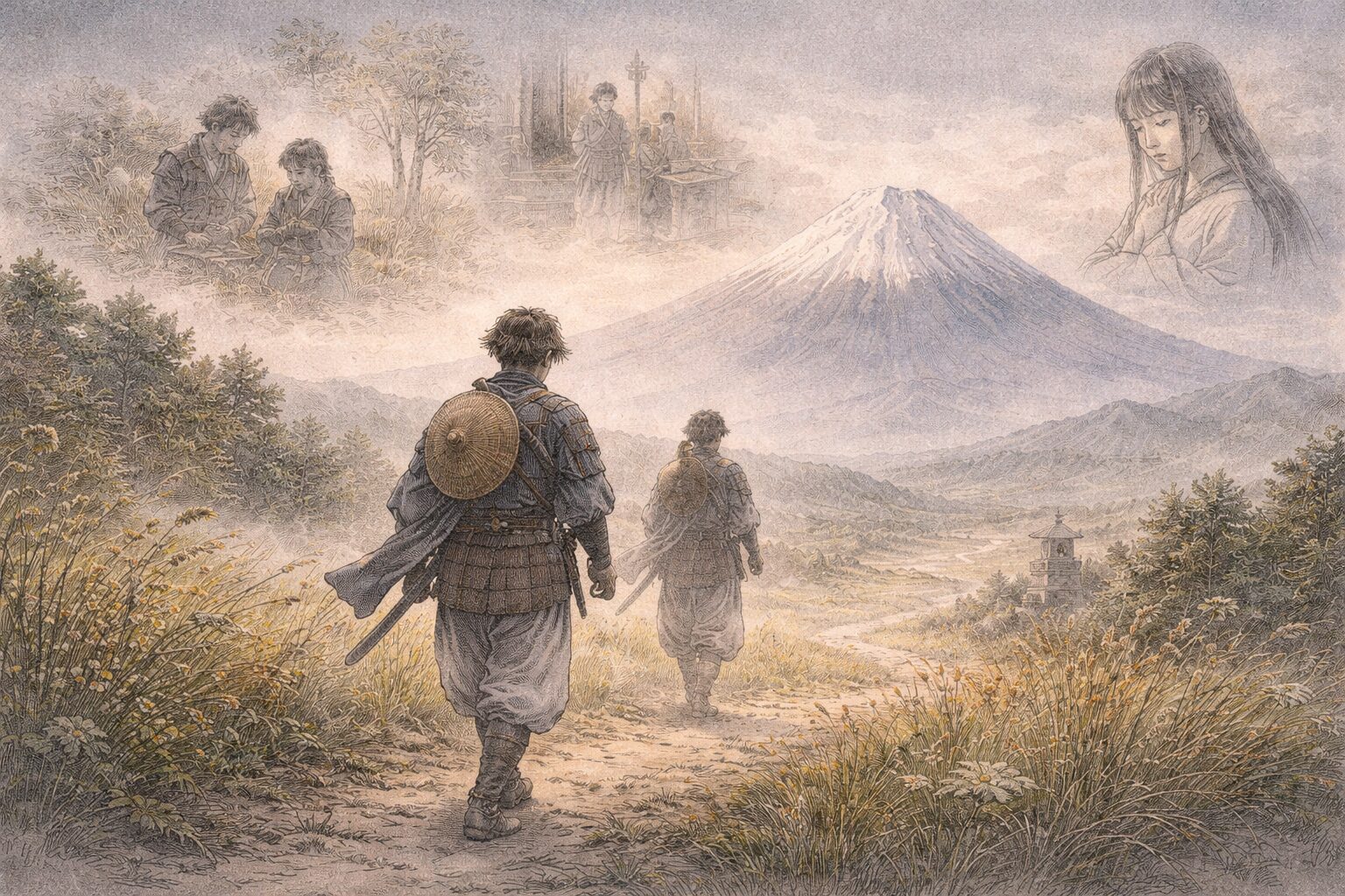 父を失った幼少期から成長、祈願、虎御前との別れ、そして富士の巻狩りへ向かう曽我兄弟の長い時間の積み重ねを表した情景