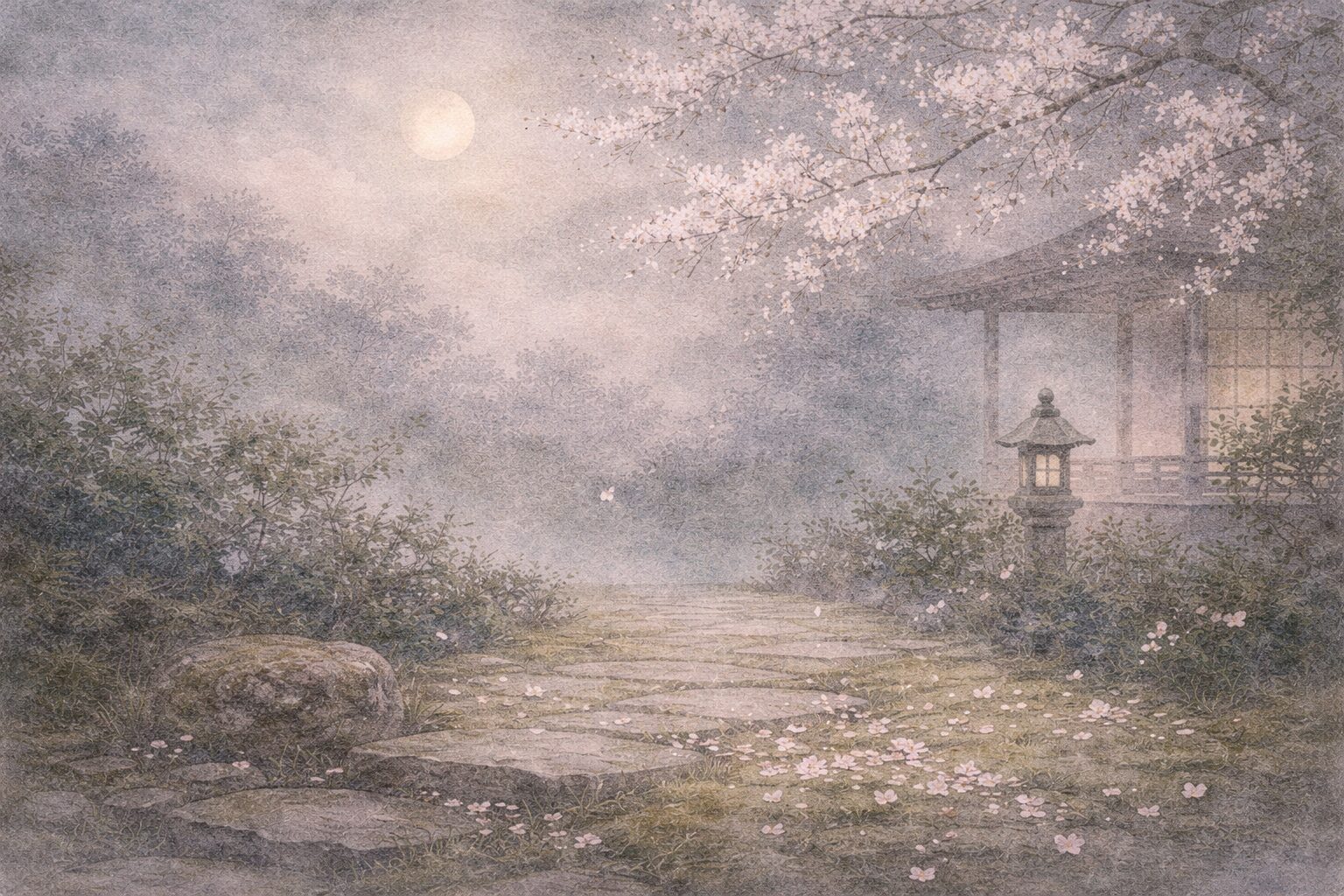 霞の深夜の月や落花と老いの感慨のように、景色と心を無理なく重ねて静かな余情を残す続古今和歌集の歌風を象徴した情景