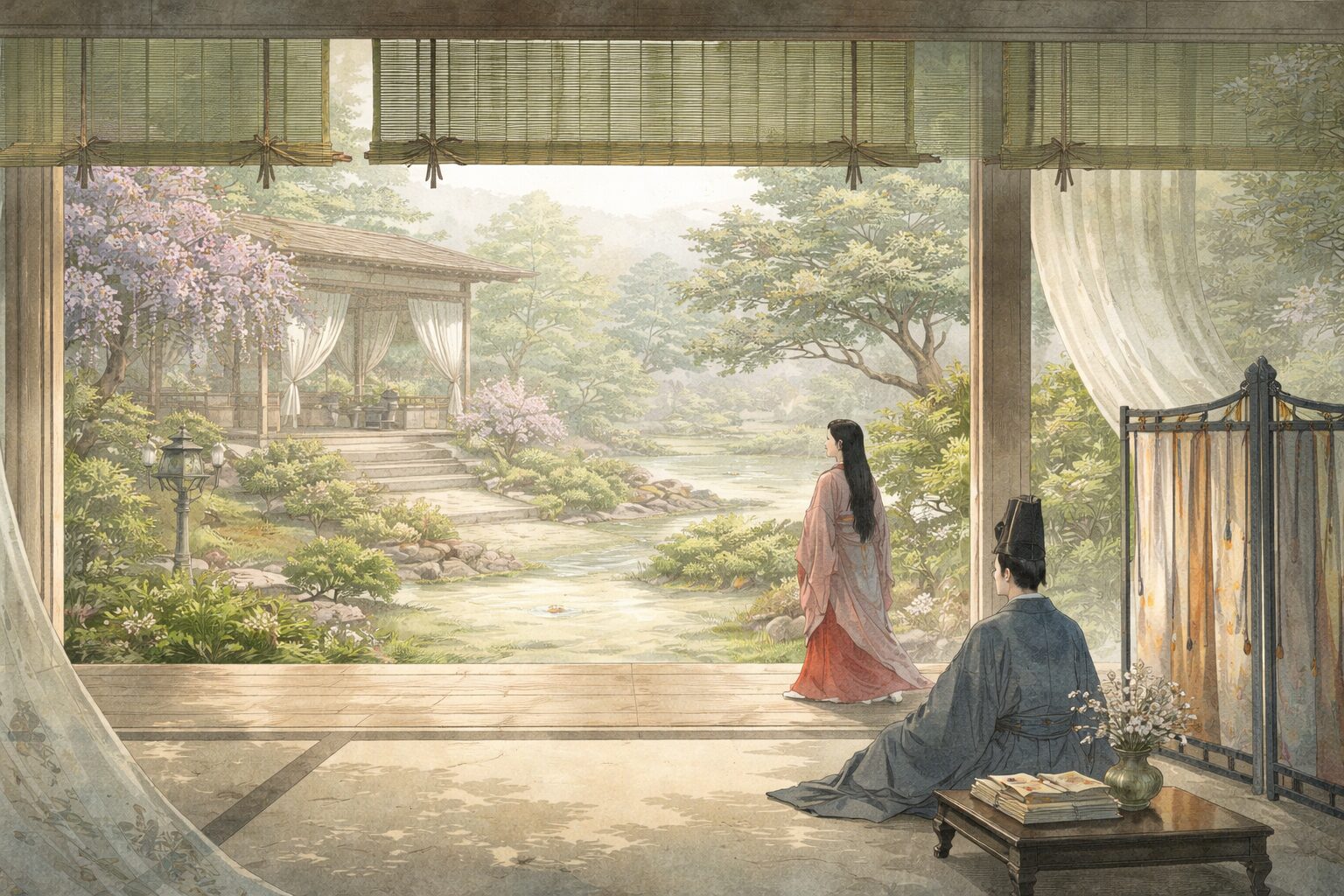 拾遺和歌集が四季や恋だけでなく、晴れの場の歌や雑歌まで取り込み、宮廷文化全体の広がりを見せる歌集であることを表した情景