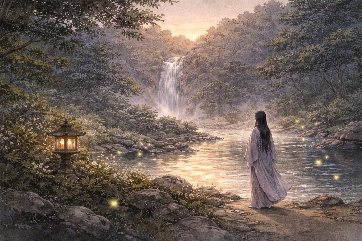 滝の名声、蛍に映る恋の苦しみ、古い名歌への敬意がひとつの歌集に同居する拾遺和歌集の優美で奥行きある世界を象徴した情景