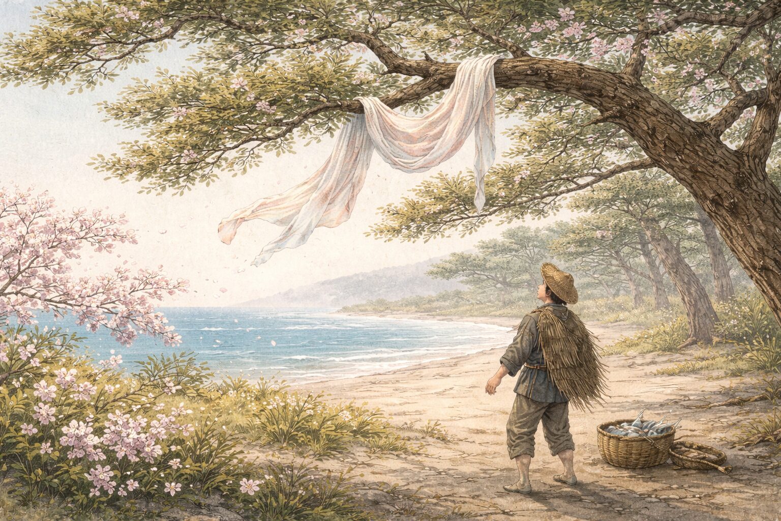 春の三保松原で松にかかった羽衣を漁師が見つける、羽衣の物語の始まりを象徴した情景