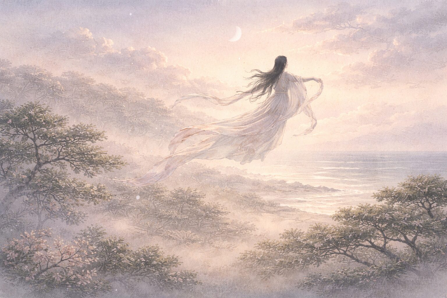 天女の舞によって松原の景色が天上の世界へ変わり、最後は霞の中へ消えていく羽衣の余韻を表した情景