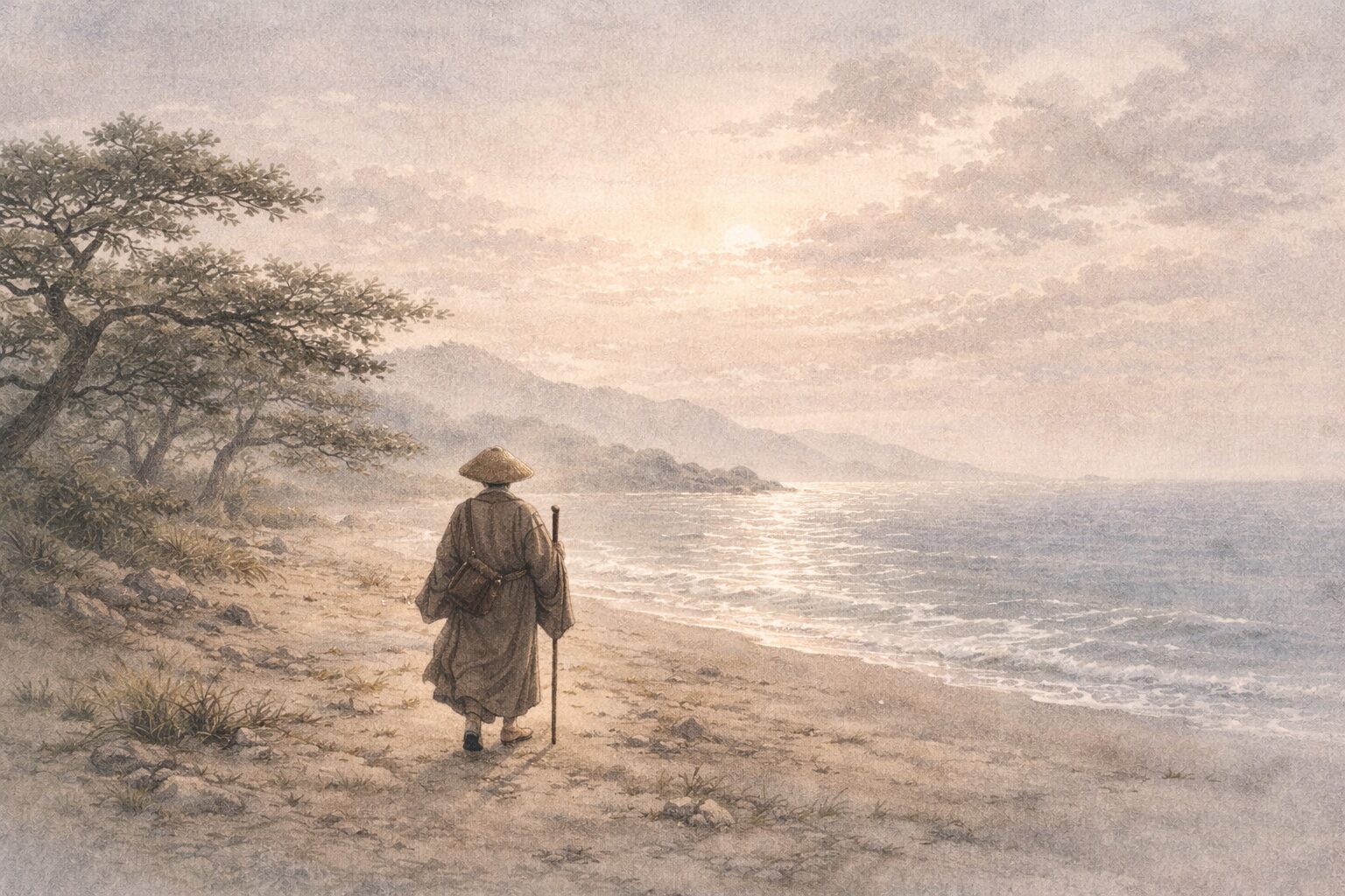 旅の僧が須磨の海辺へ向かい、土地の記憶から忠度の霊の物語へ導かれていく能の静かな導入を表した情景