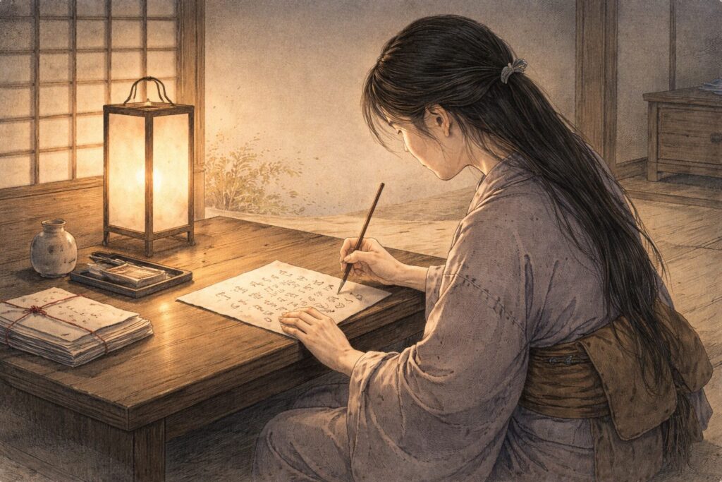 妻おさんの善意がかえって悲劇を深めてしまう、心中天網島の苦さを象徴した静かな室内の情景