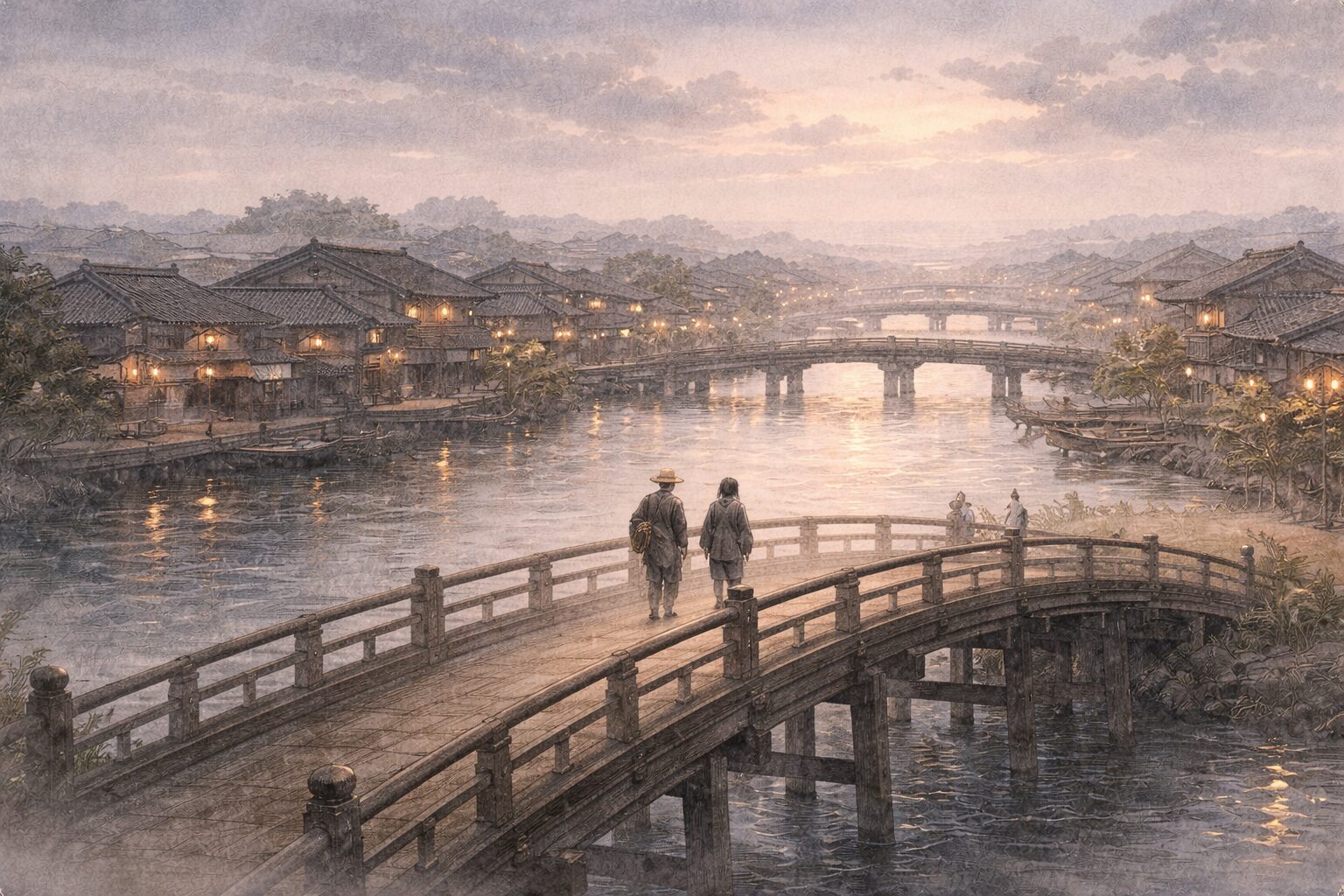 大坂の橋を渡って網島へ向かう道行が、恋の達成ではなく日常の延長として死へ追いこまれていく心中天網島の終幕を表した情景