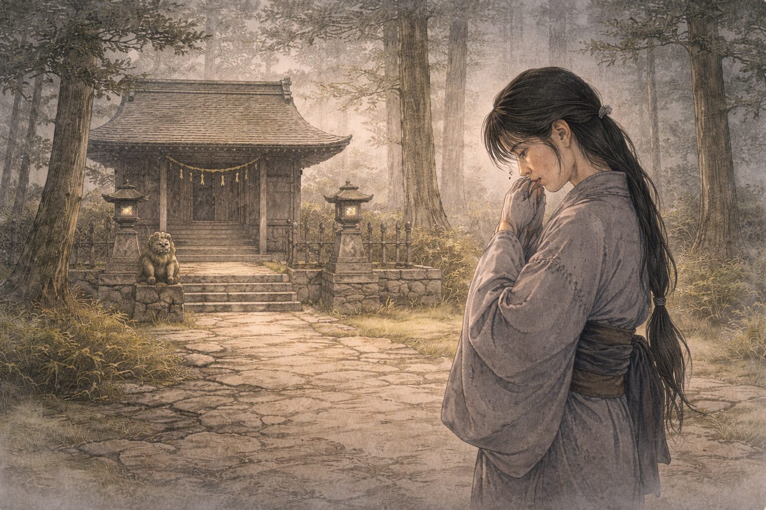 義仲を祀る社前で里女が静かに涙を流し、巴の悲しみがまだ名を明かさないまま漂う前場の情景