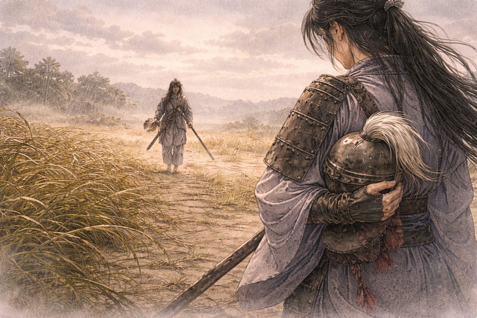 義仲の形見を抱えた巴が、戦いの熱ではなく去らねばならなかった悔恨を胸に粟津を離れていく情景