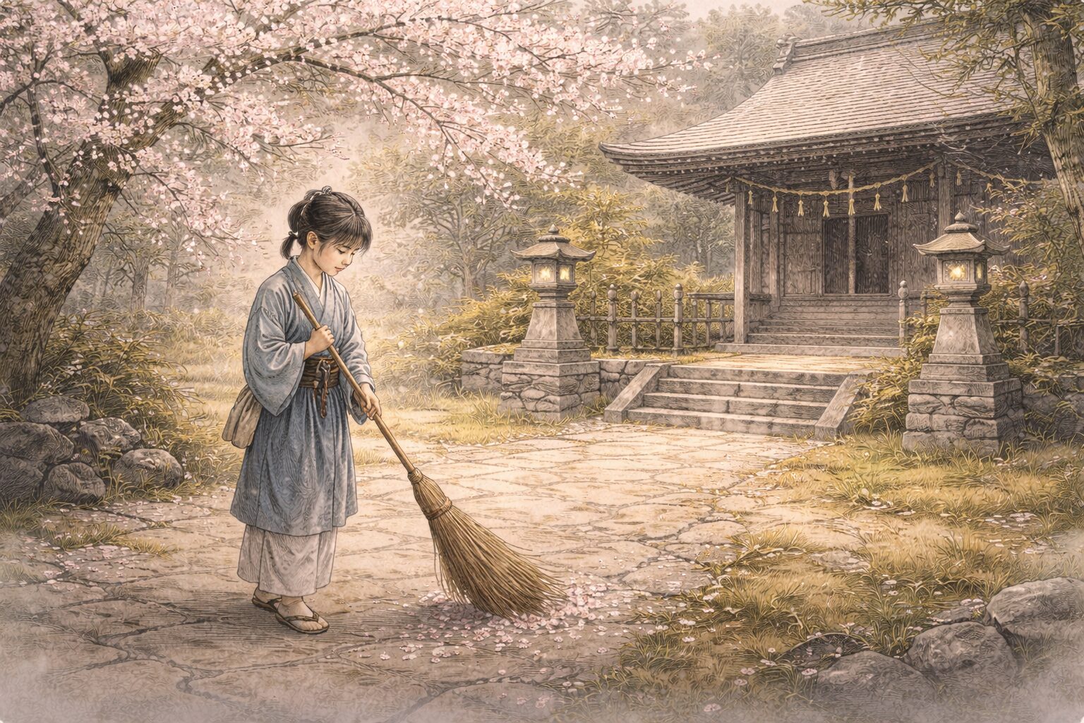 桜の咲く清水寺で童子が庭を掃き清め、明るい前場から田村麻呂の物語へつながっていく能「田村」の導入を表した情景