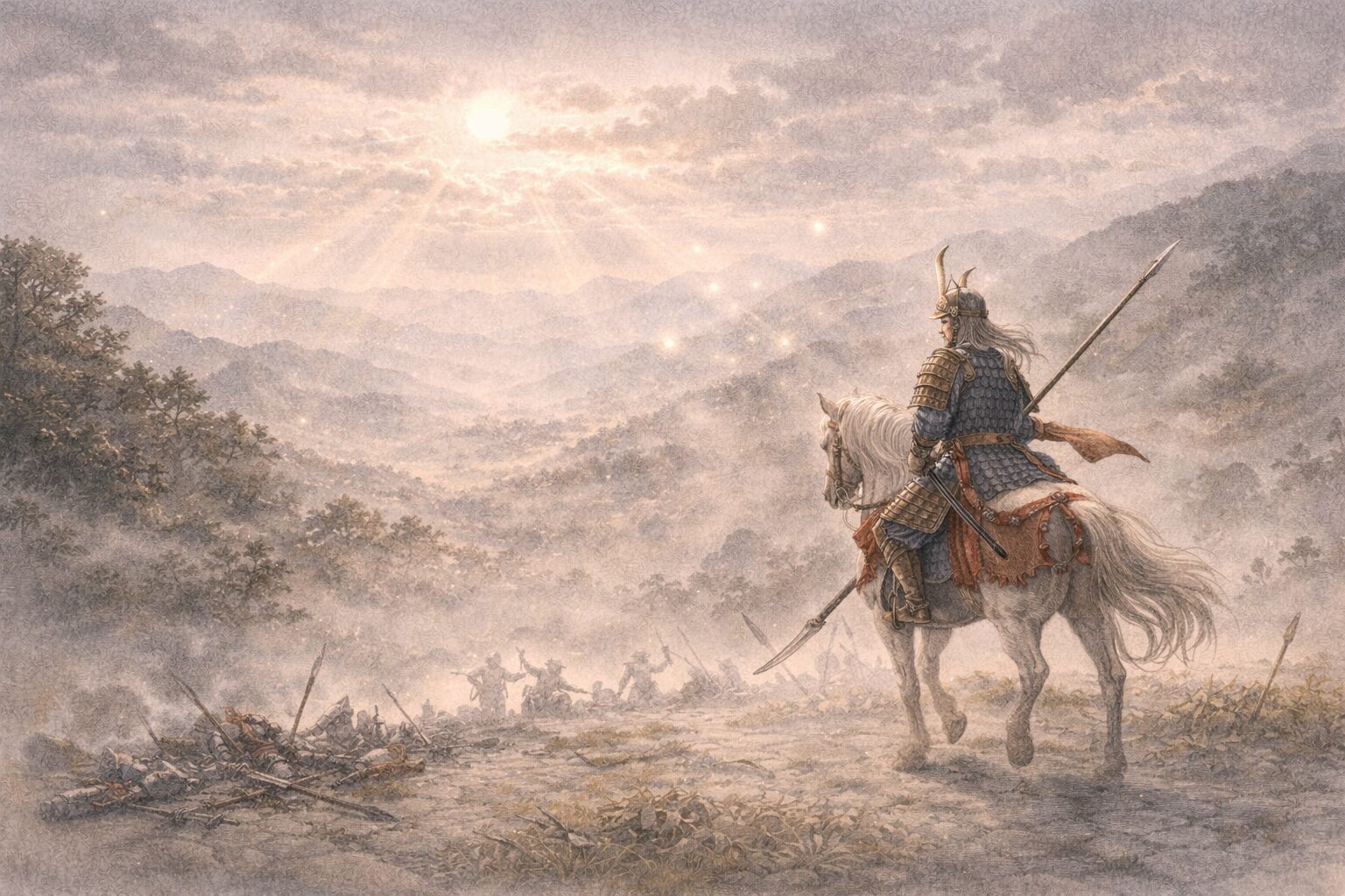 観音の加護を受けた田村麻呂が鈴鹿山で鬼神を退ける戦いを、暗い修羅ではなく明るい勝利として描く能「田村」の後場を象徴した情景