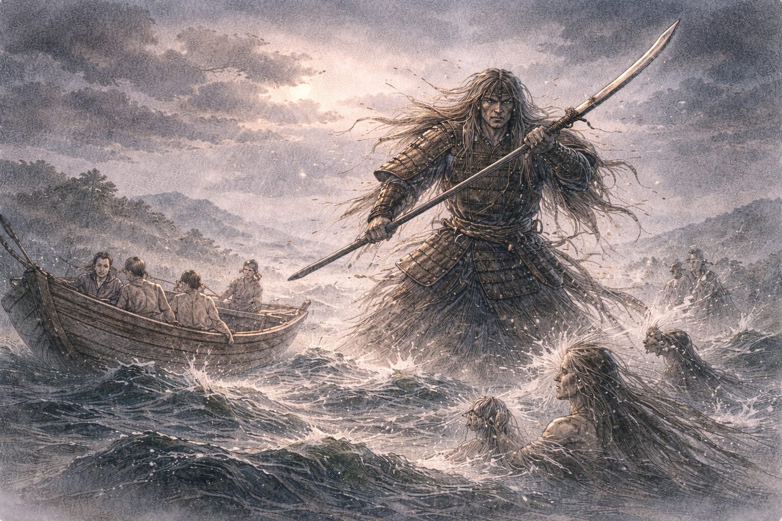 海上に現れた平知盛の怨霊が長刀を取り、弁慶の祈りによって鎮められていく船弁慶後場の激しい修羅を表した情景