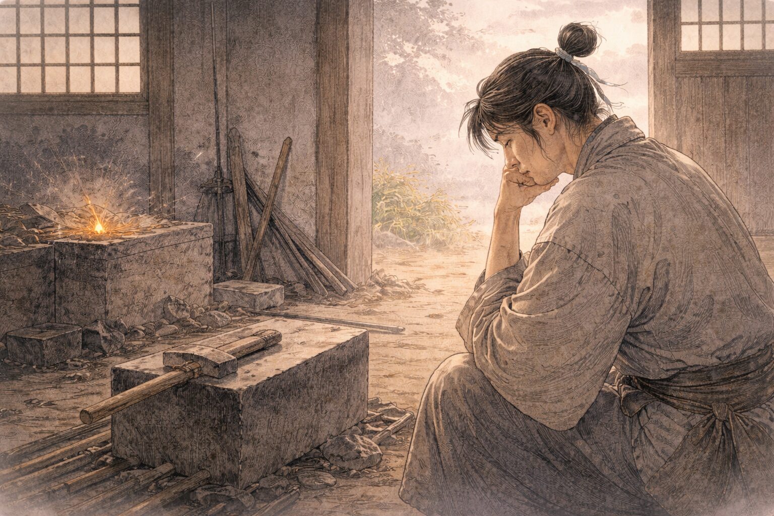 帝の勅命を受けた三条宗近が、名誉よりもまず相槌の相手がいない不安を抱える小鍛冶前半の緊張を表した情景