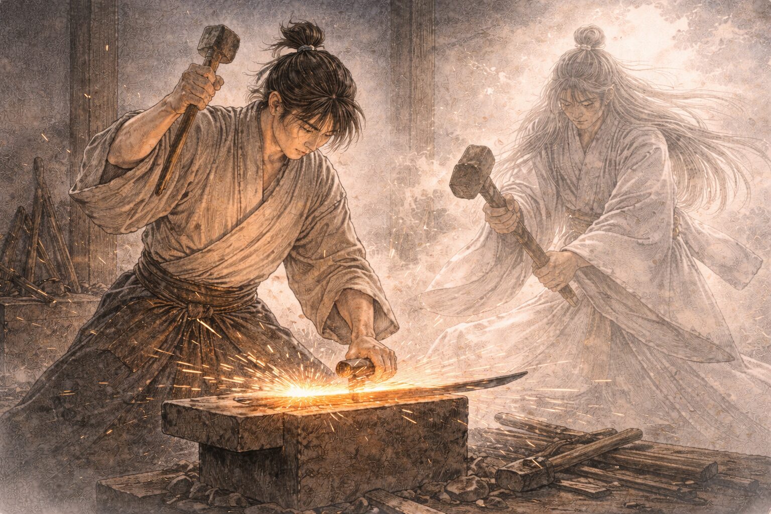 不思議な童子の気配が神の出現へつながり、宗近と明神の相槌で小狐丸が生まれる小鍛冶後半の祝福された鍛冶場を表した情景