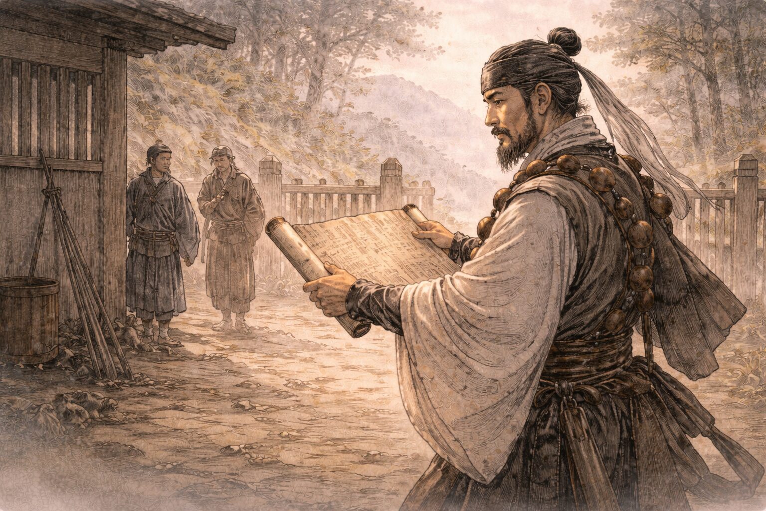 安宅の関で山伏姿の一行が呼び止められ、勧進帳の朗読によって場の主導権を奪い返そうとする緊張を表した情景