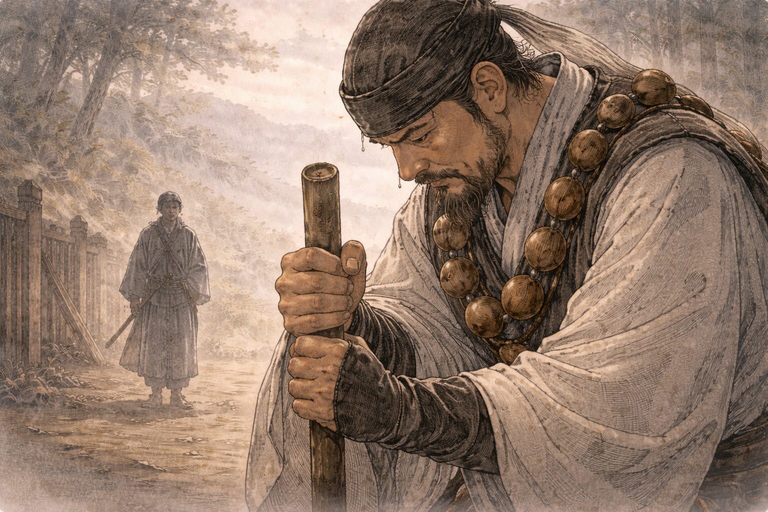 主君を守るために義経を打つ弁慶の苦しさと、関を越えたあとも緊張が消えない安宅の終盤を象徴した情景