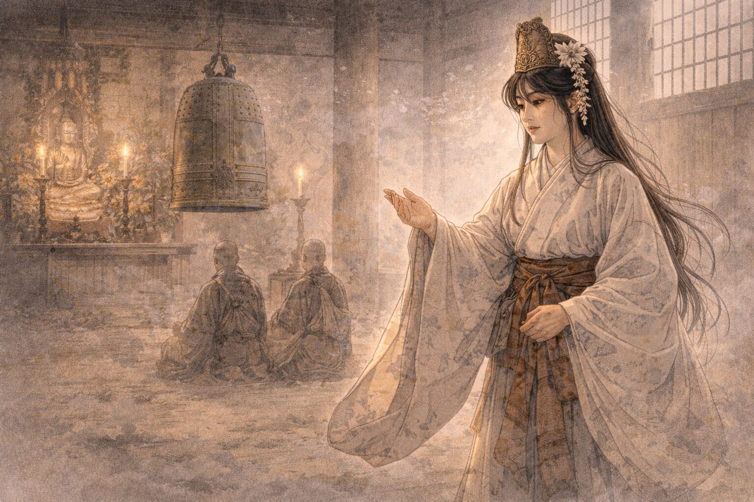 乱拍子の緊張が高まる中で、鐘そのものが女の執心の的として立ち上がり、やがて鐘入りへ向かう道成寺後半の怖さを表した情景